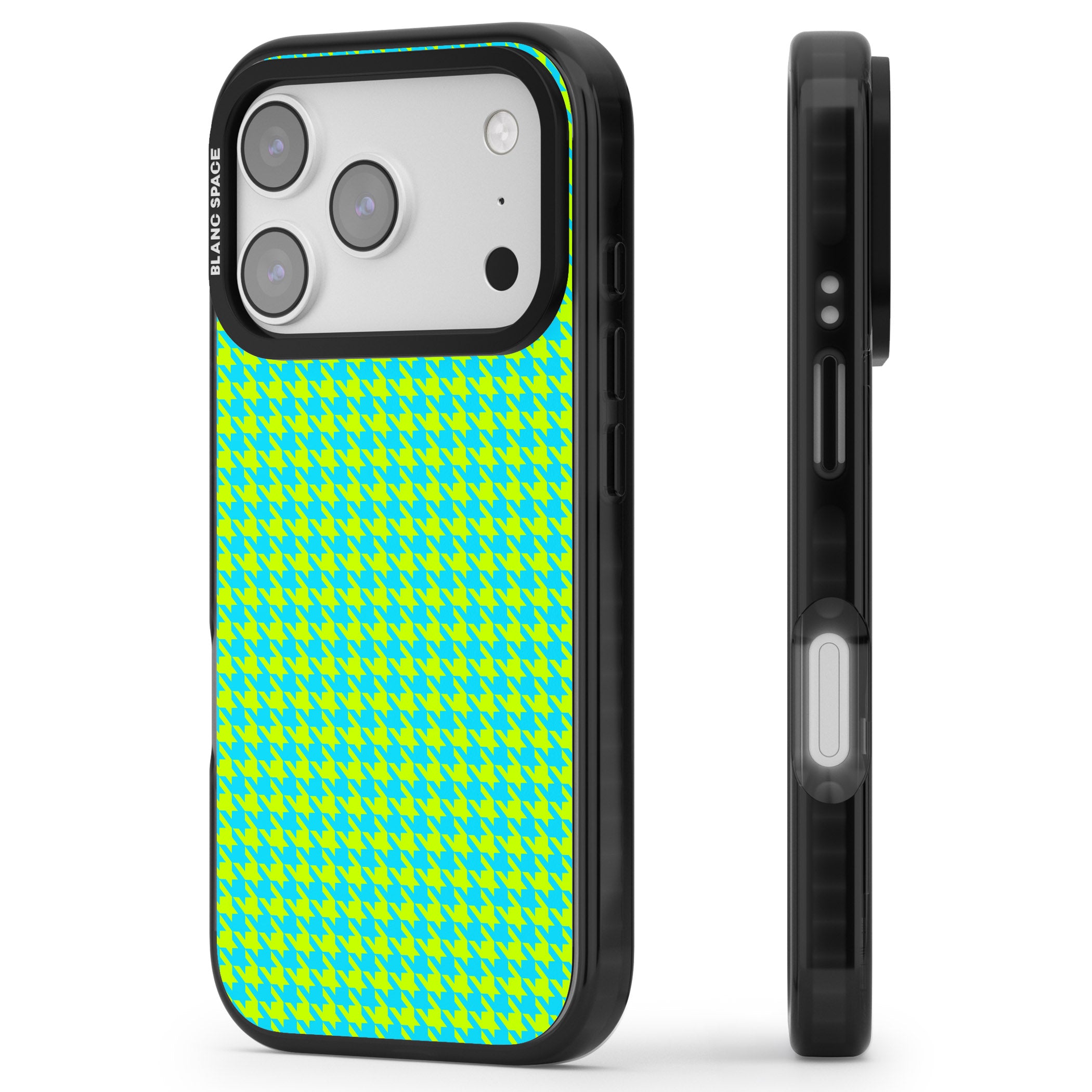 Neon Lime & Turquoise Houndstooth iPhone 17 Pro Impact Black Phone Case Side Profile