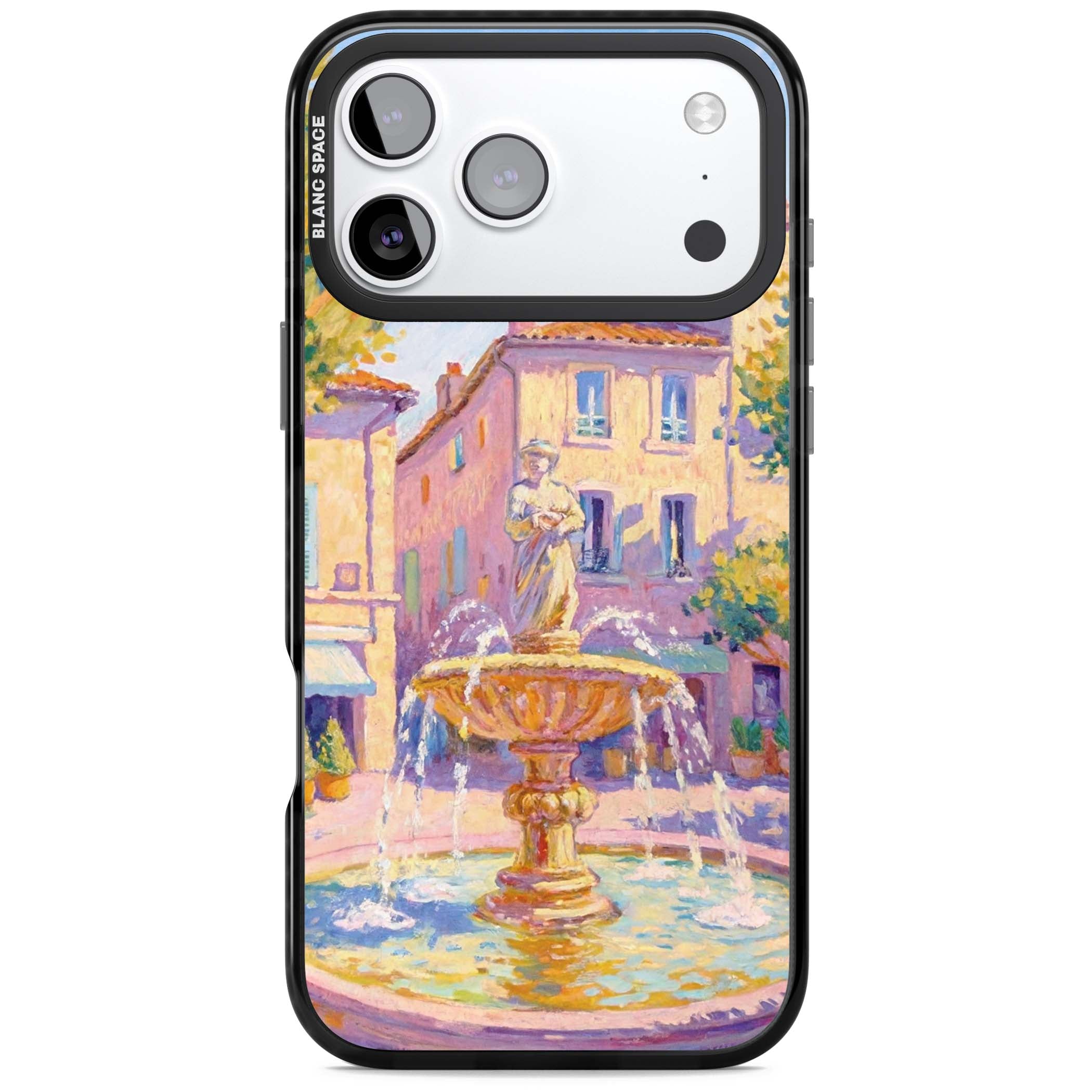 Fountain Square fine art iPhone case featuring an impressionist Provençal fountain, pastel village buildings and summe | Clear Impact case for iPhone 17 Pro, iPhone 17 Pro Max