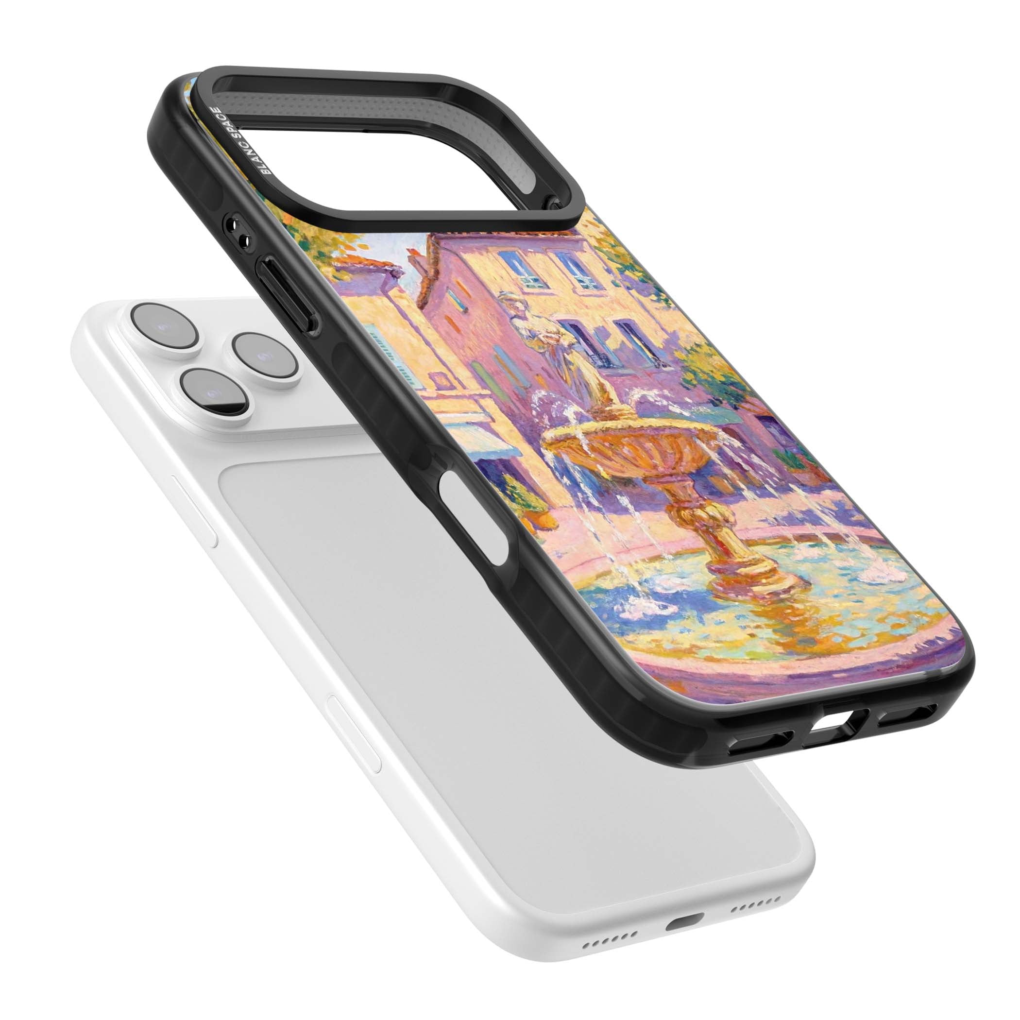 Fountain Square fine art iPhone case featuring an impressionist Provençal fountain, pastel village buildings and summe | Clear Impact case for iPhone 17 Pro, iPhone 17 Pro Max