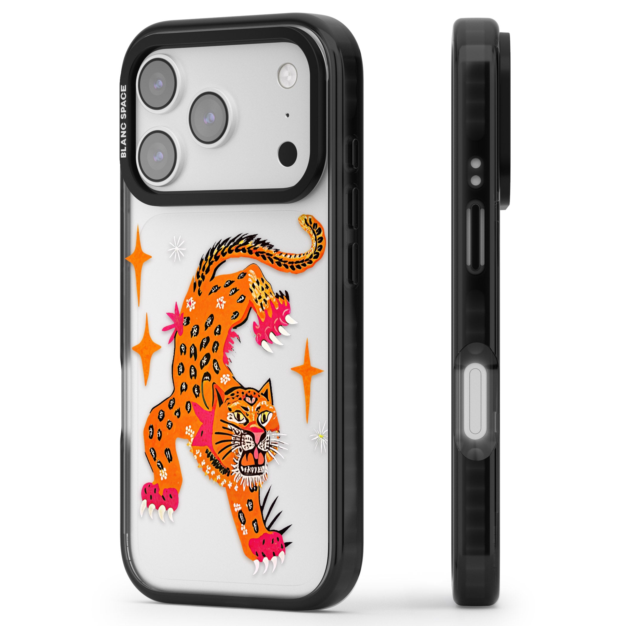 Fierce Jaguar Clear iPhone 17 Pro Impact Black Phone Case Side Profile