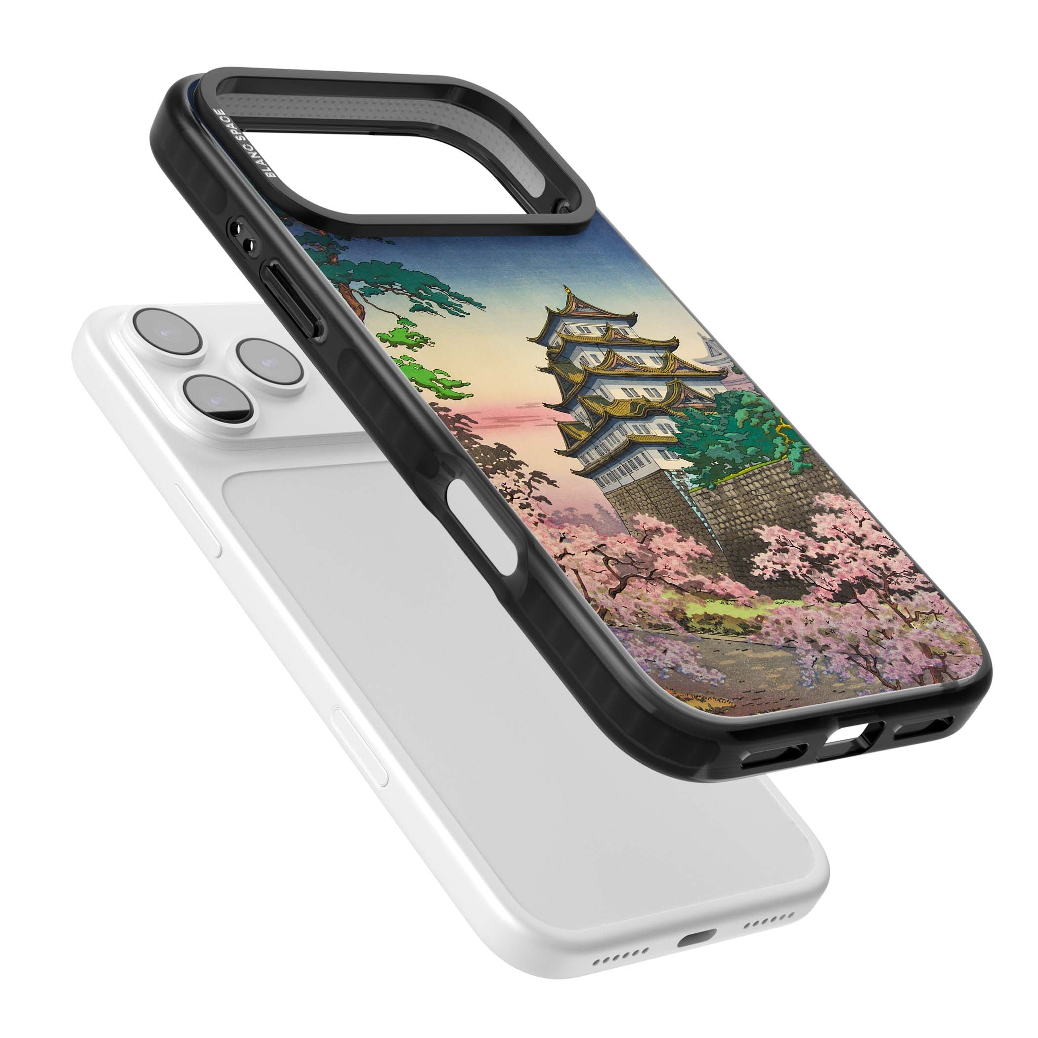 Nagoya Castle Japanese iPhone case featuring a vintage pagoda, twilight sky and cherry blossom trees | Clear Impact case for iPhone 17 Pro, iPhone 17 Pro Max