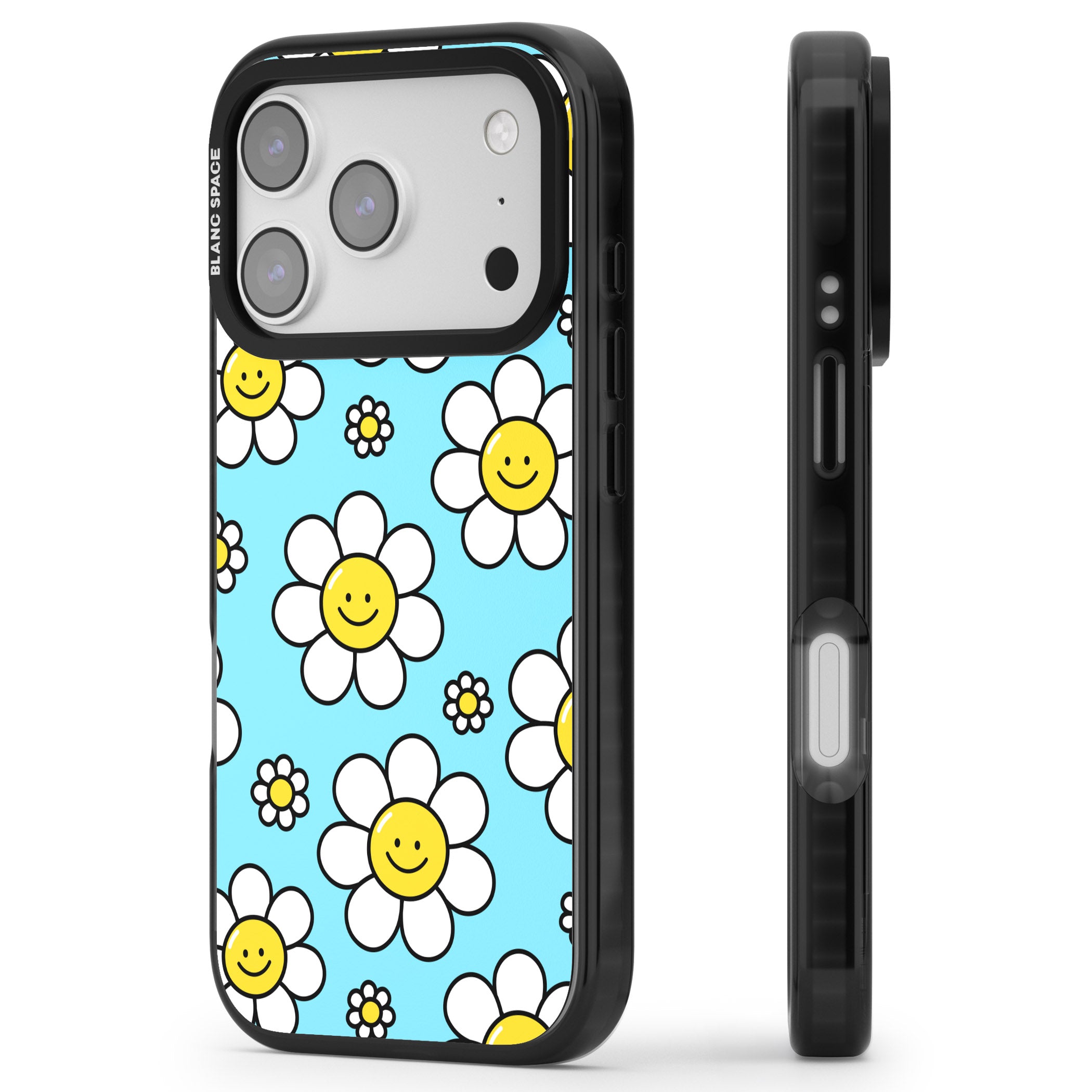 Daisy Faces Kawaii Pattern iPhone 17 Pro Impact Black Phone Case Side Profile