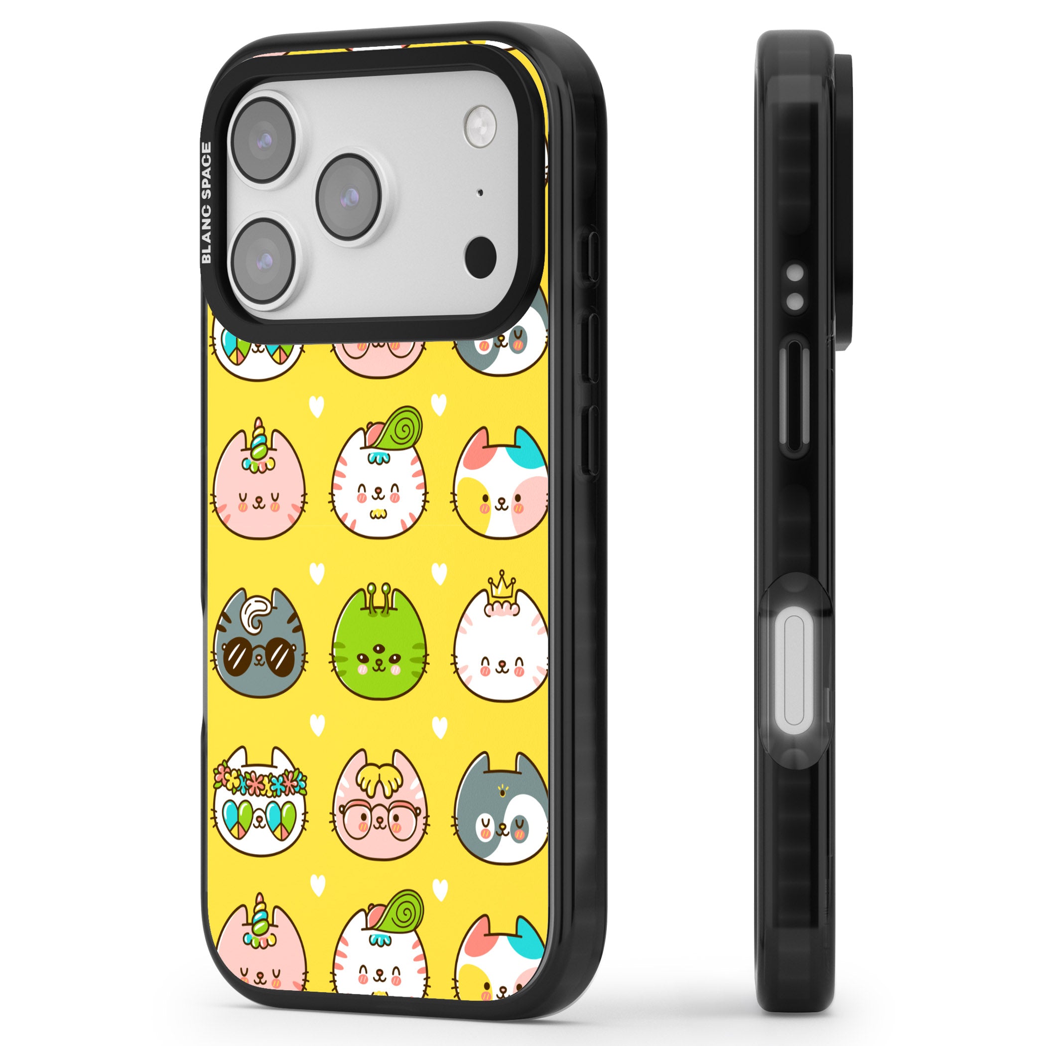 Mythical Cats Kawaii Pattern iPhone 17 Pro Impact Black Phone Case Side Profile