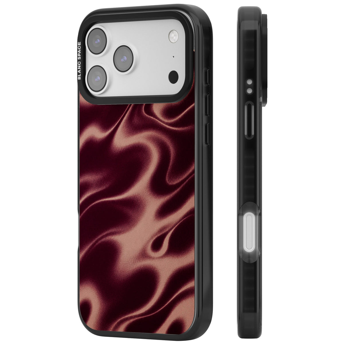 Merlot Sand abstract iPhone case featuring burgundy liquid satin waves, rose-gold highlights and silky folds iPhone 17 Pro Max Impact Black Phone Case side