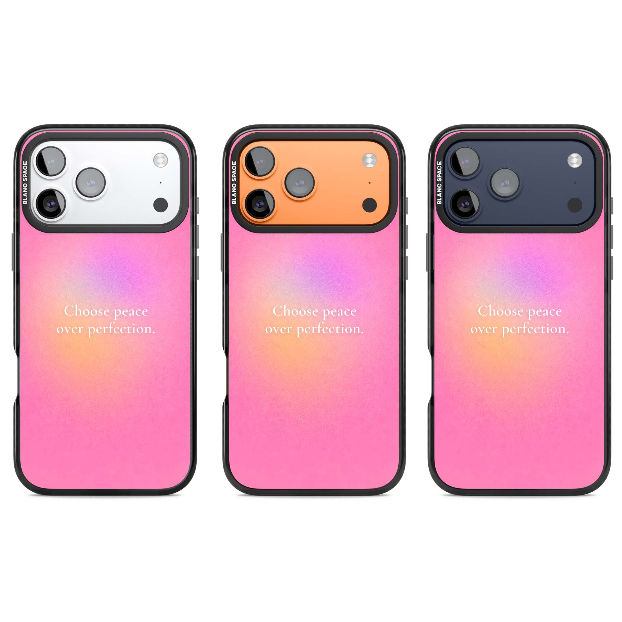 Peace Over Perfection quote iPhone case featuring a dreamy pink aura gradient and delicate white affirmation text | Black Impact Magsafe case for iPhone 17 Pro, iPhone 17 Pro Max