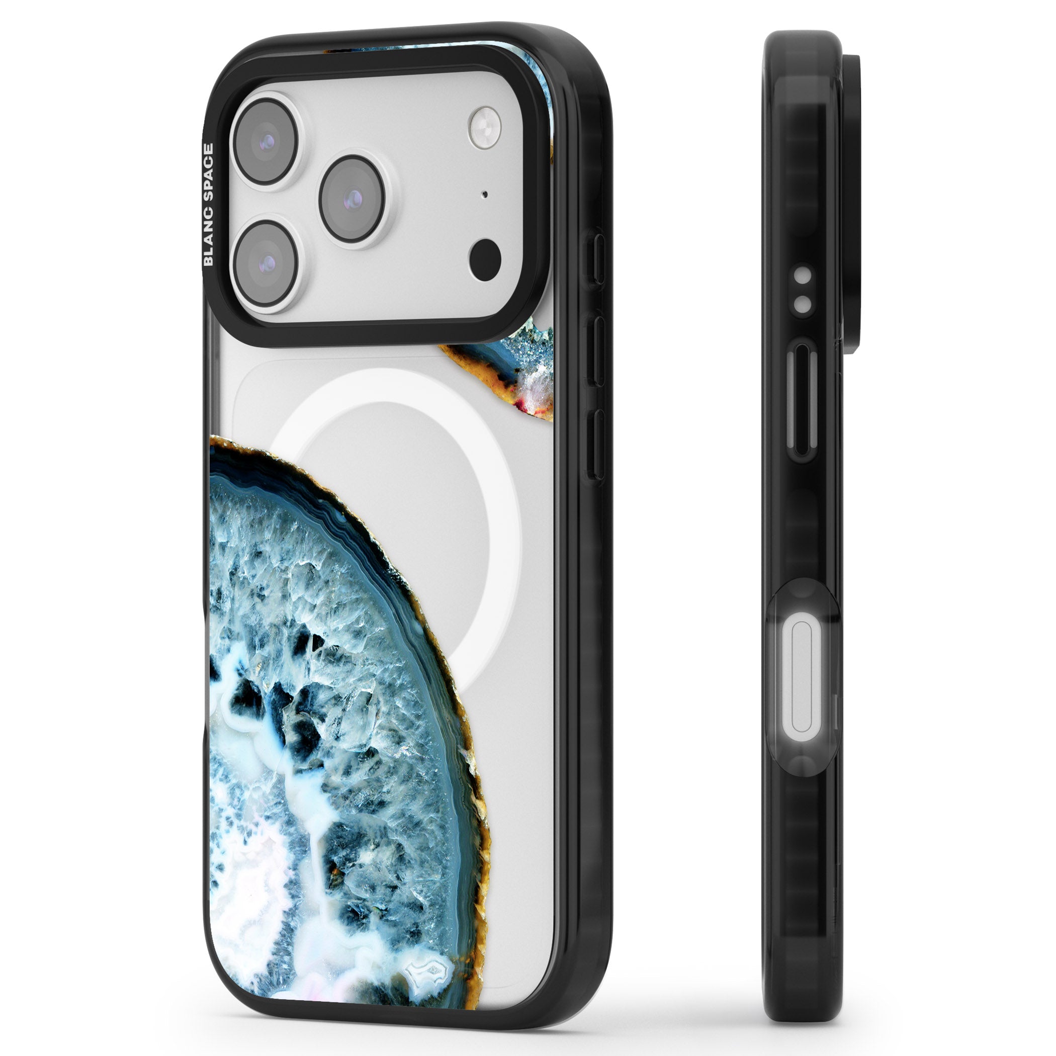 Blue Agate Slice iPhone 17 Pro Impact Pro Black Phone Case Side Profile