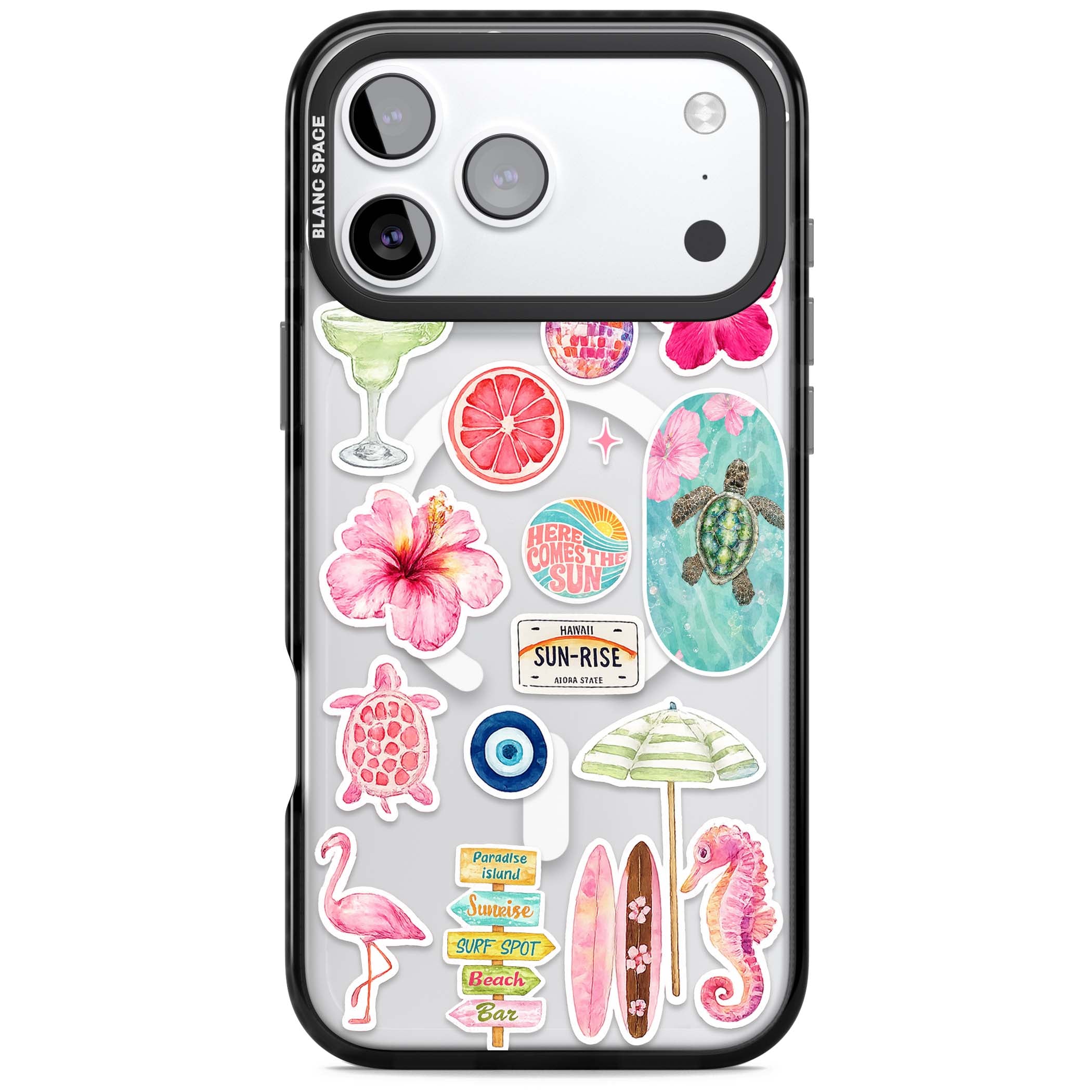 Aloha Sticker Mix tropical summer iPhone case featuring pink hibiscus, sea turtles, flamingo and beach umbrella stickers | Black Impact Magsafe case for iPhone 17 Pro, iPhone 17 Pro Max