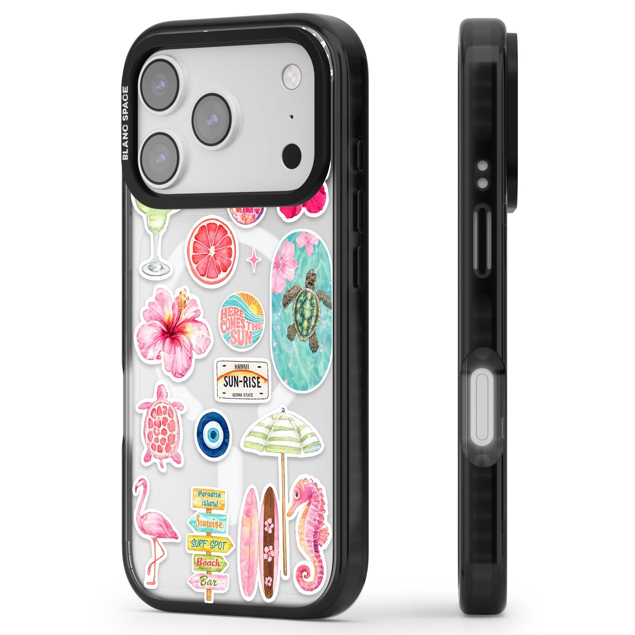 Aloha Sticker Mix tropical summer iPhone case featuring pink hibiscus, sea turtles, flamingo and beach umbrella stickers | Black Impact Magsafe case for iPhone 17 Pro, iPhone 17 Pro Max