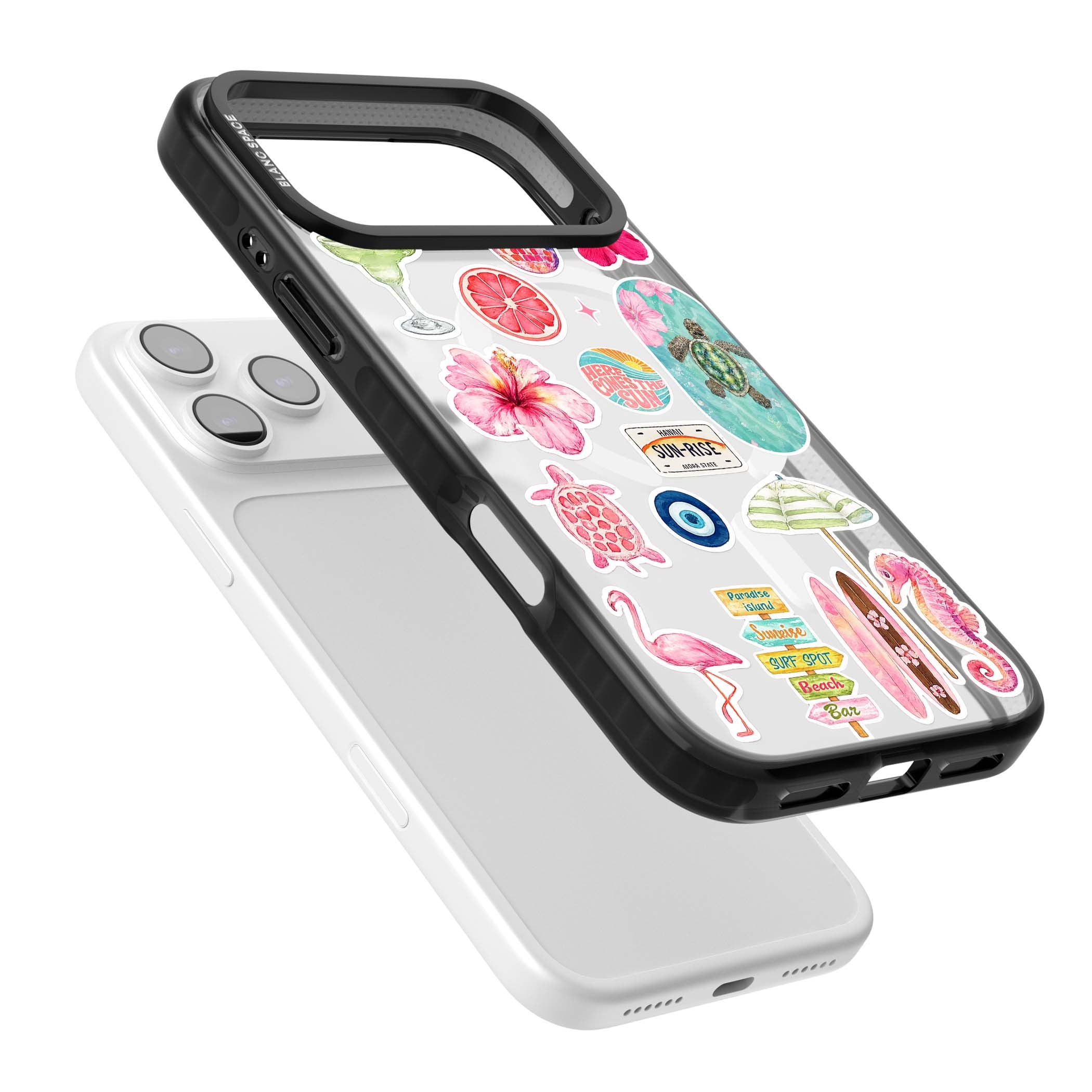 Aloha Sticker Mix tropical summer iPhone case featuring pink hibiscus, sea turtles, flamingo and beach umbrella stickers | Black Impact Magsafe case for iPhone 17 Pro, iPhone 17 Pro Max