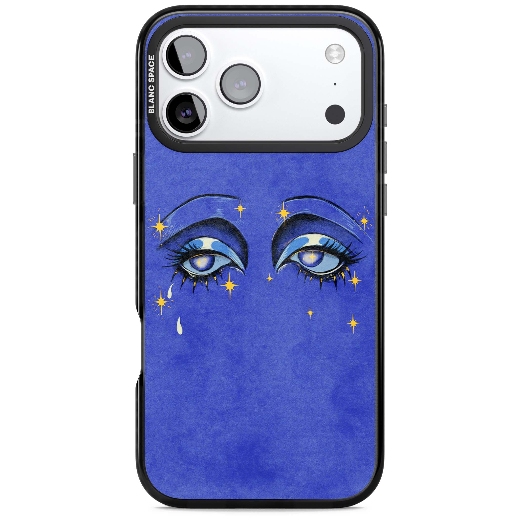 Blue Mystic Eyes celestial iPhone case featuring hand drawn blue mystical eyes, golden stars and a painted tear on indigo | Black Impact Magsafe case for iPhone 17 Pro, iPhone 17 Pro Max
