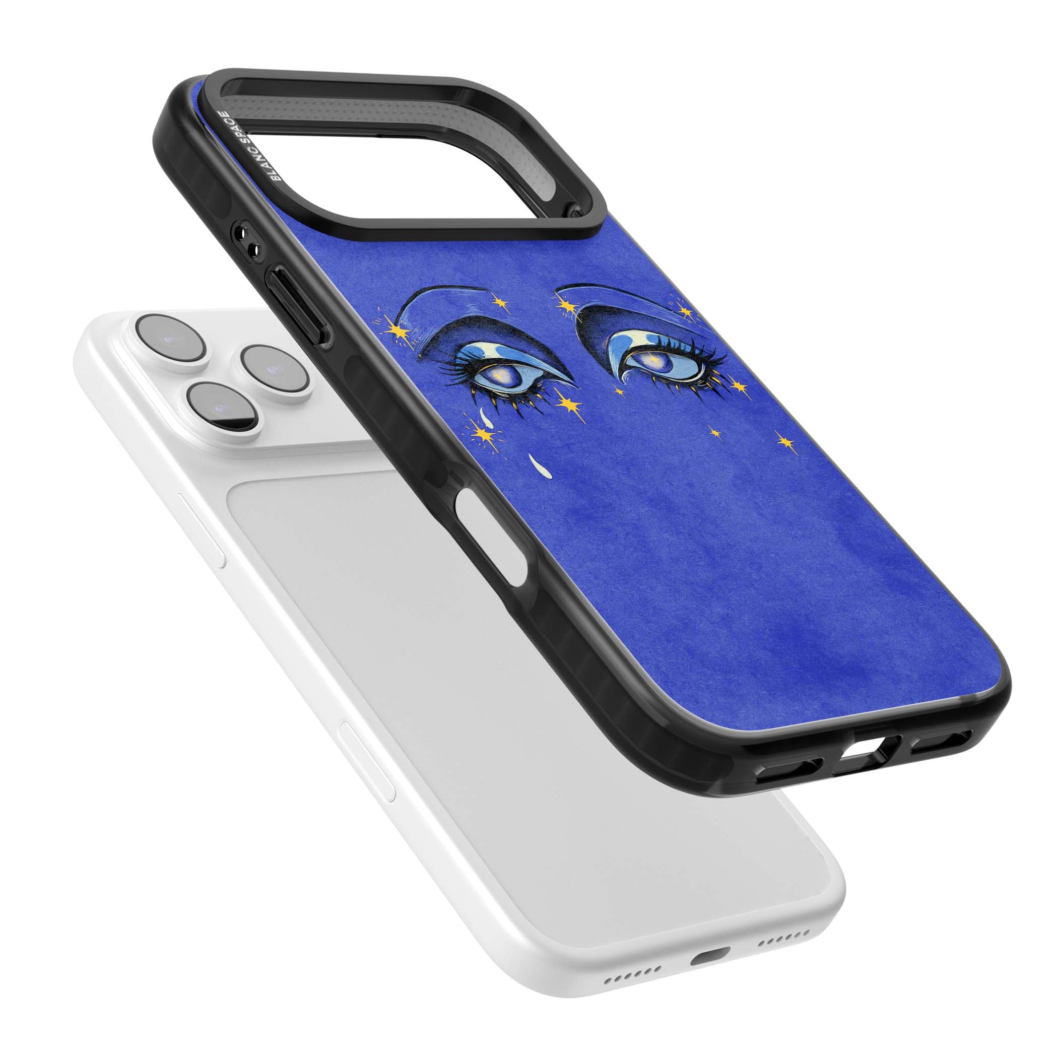 Blue Mystic Eyes celestial iPhone case featuring hand drawn blue mystical eyes, golden stars and a painted tear on indigo | Black Impact Magsafe case for iPhone 17 Pro, iPhone 17 Pro Max