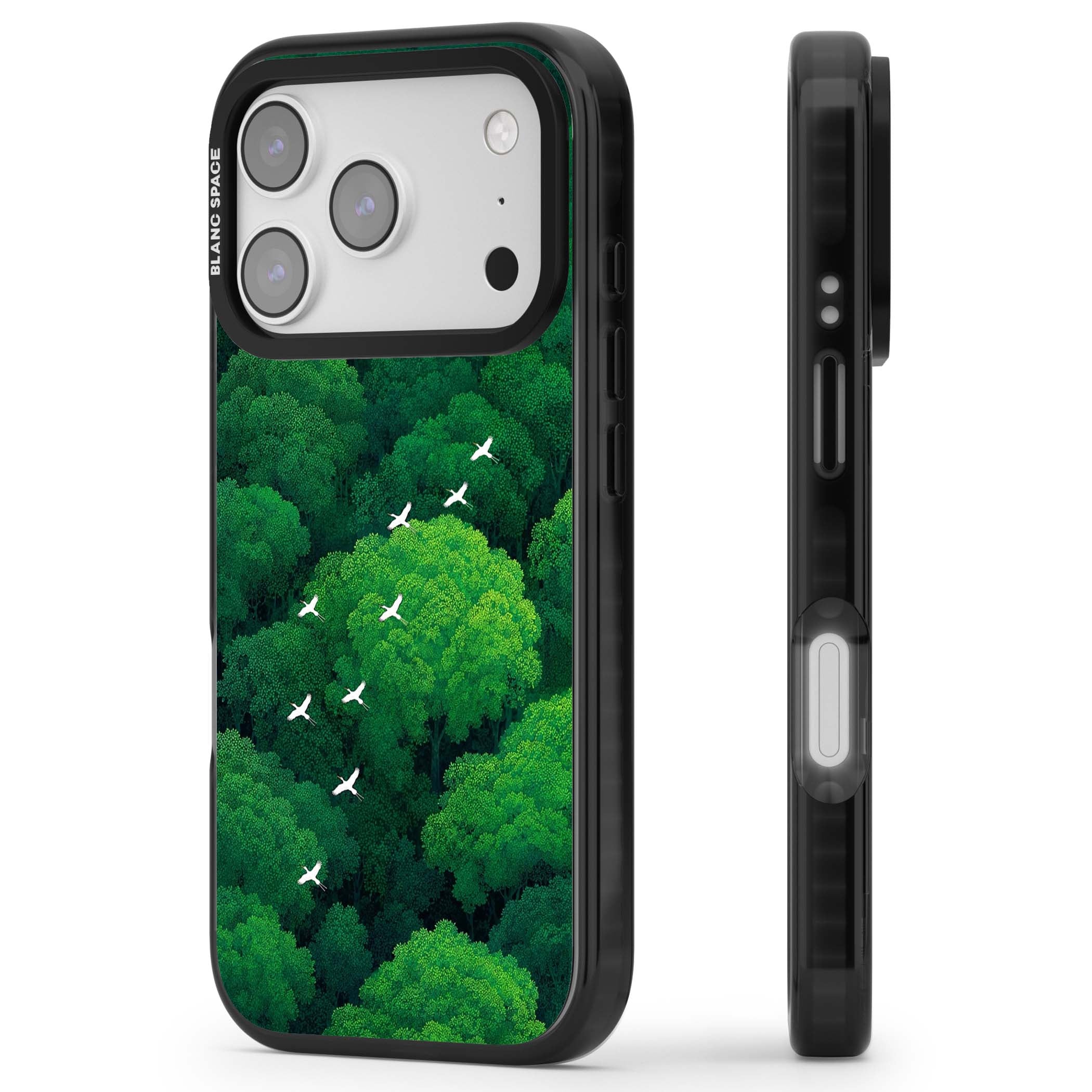 Grove Migration forest iPhone case featuring white cranes flying over lush green treetop canopy | Black Impact Magsafe case for iPhone 17 Pro, iPhone 17 Pro Max