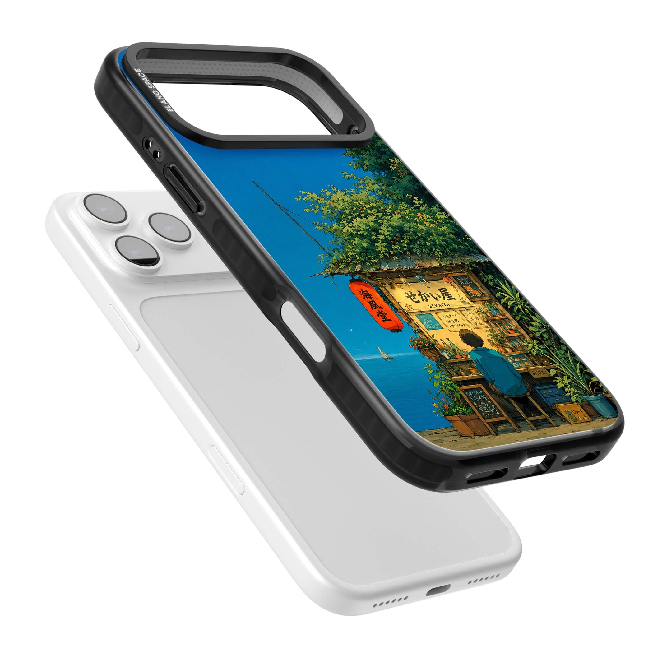 The Shirahama Kiosk anime iPhone case featuring a Japanese seaside shop, red paper lantern and ocean view | Black Impact Magsafe case for iPhone 17 Pro, iPhone 17 Pro Max