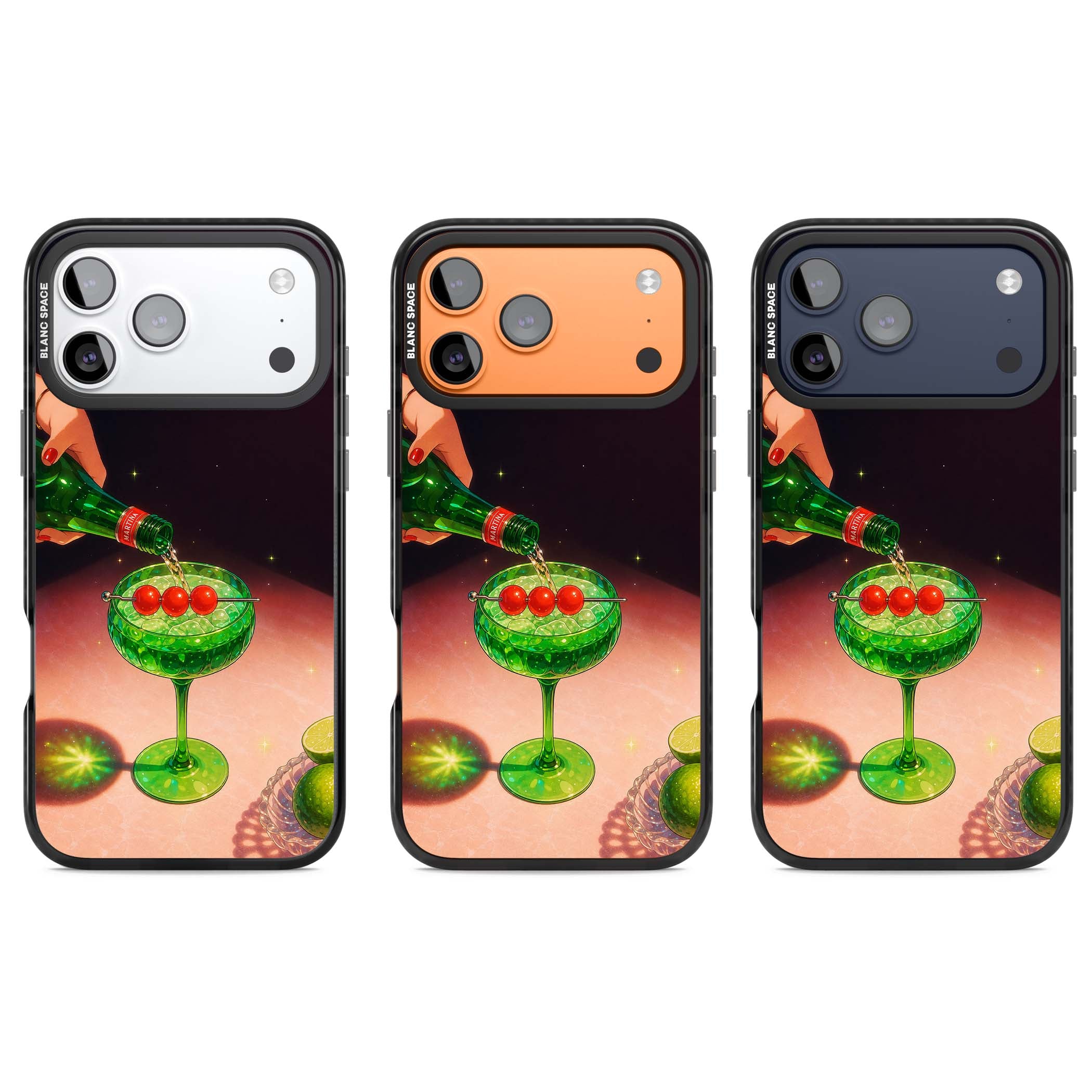 Absinthe Hour cocktail iPhone case featuring a green coupe glass, cherry garnish and vintage bottle pour illustration | Black Impact Magsafe case for iPhone 17 Pro, iPhone 17 Pro Max