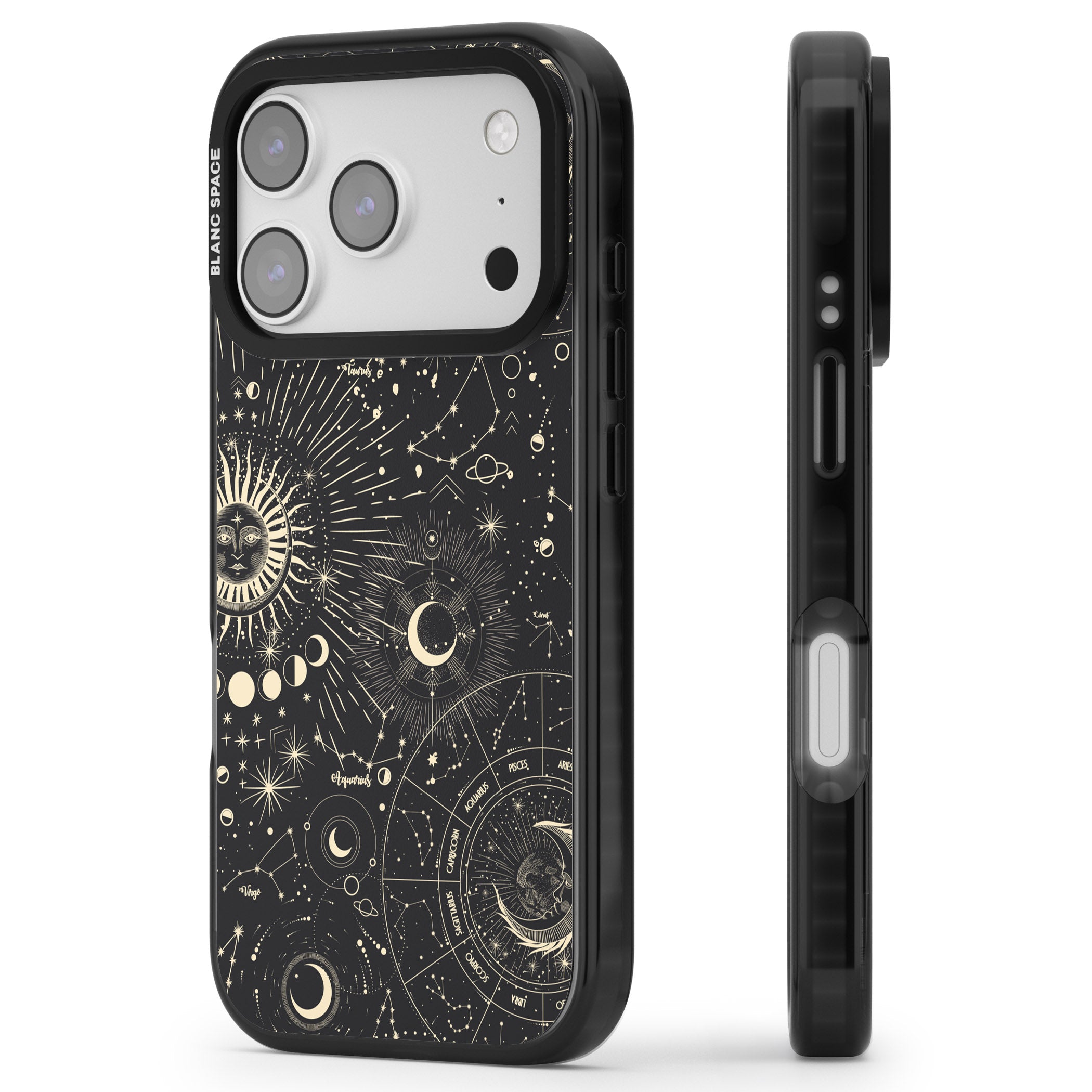 Suns & Zodiac Celestial Chart iPhone 17 Pro Impact Pro Black Phone Case Side Profile