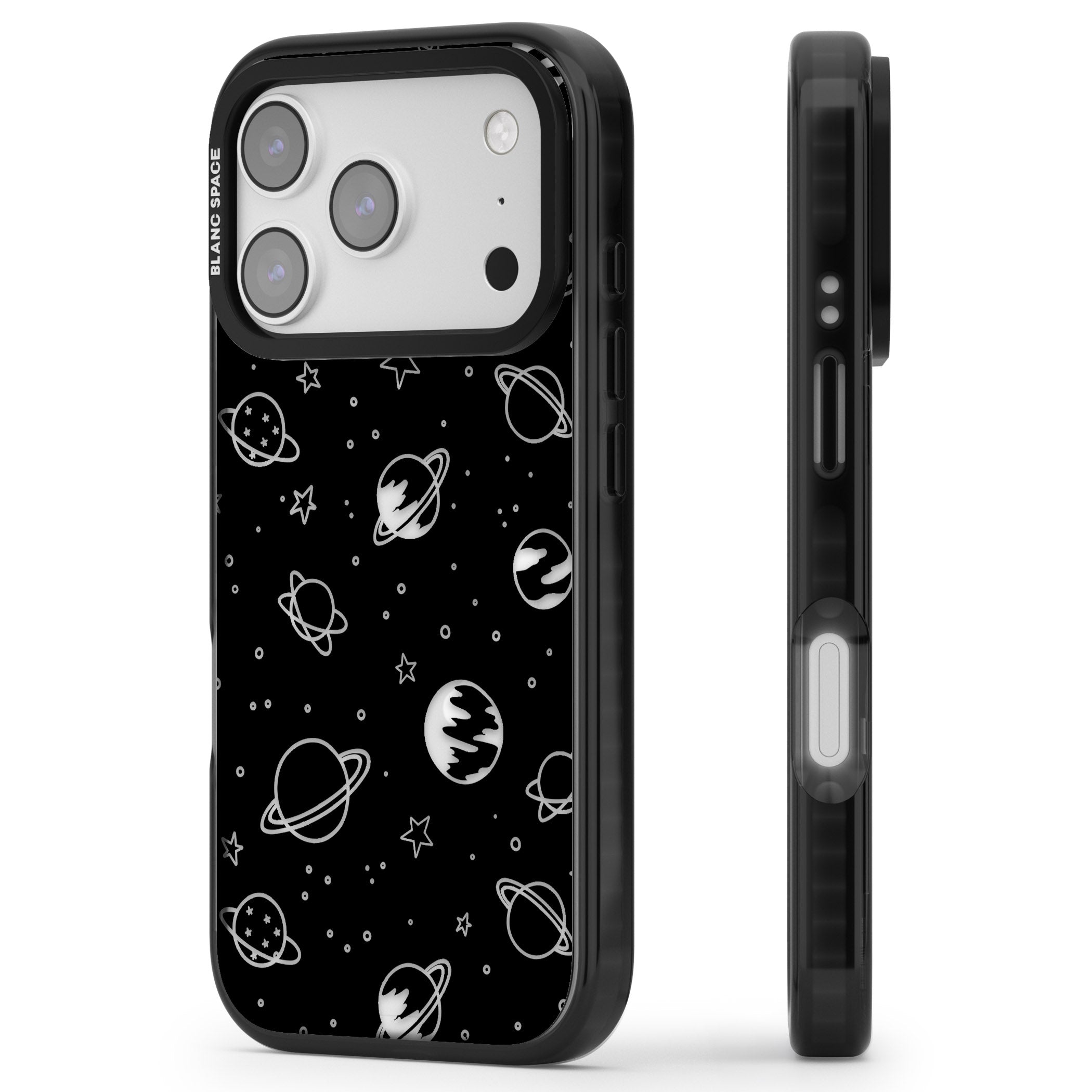 Cosmic Sketch Clear Black iPhone 17 Pro Impact Pro Black Phone Case Side Profile