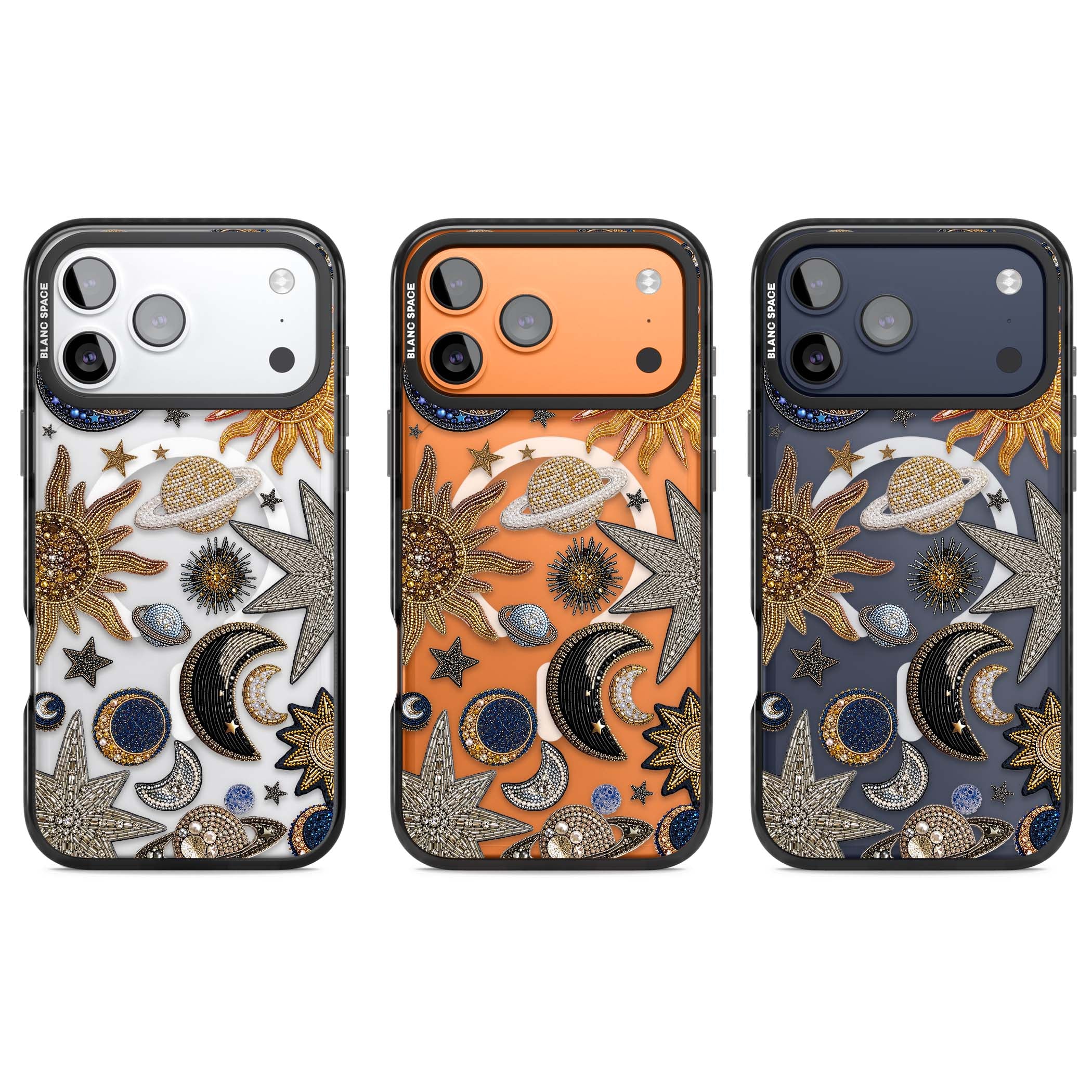 Beaded Cosmos celestial iPhone case featuring embroidered golden suns, beaded planets and silver shooting stars | Black Impact Magsafe case for iPhone 17 Pro, iPhone 17 Pro Max