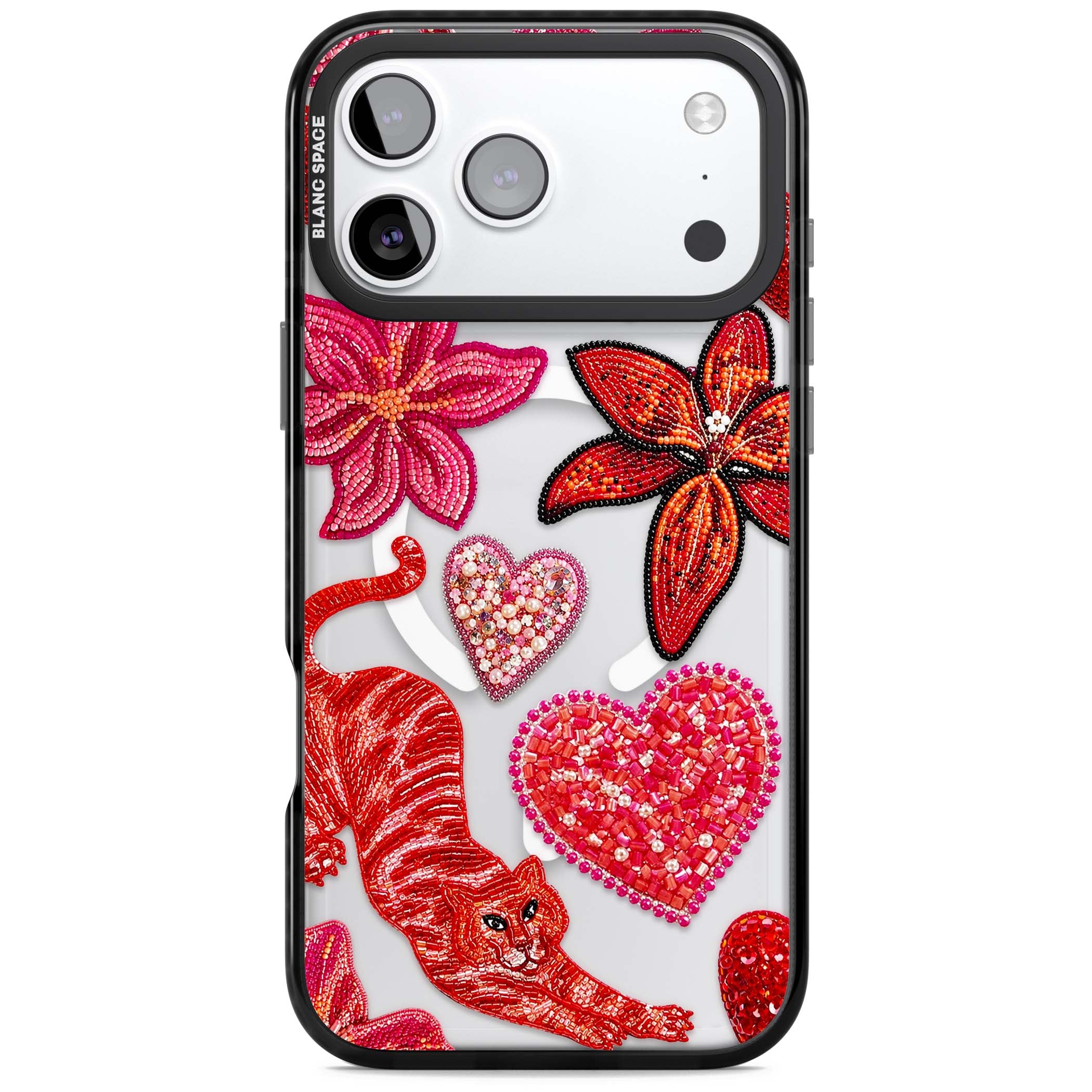 Beaded Boho floral iPhone case featuring beaded red lilies, a stitched tiger, and pearl-encrusted hearts on clear | Black Impact Magsafe case for iPhone 17 Pro, iPhone 17 Pro Max