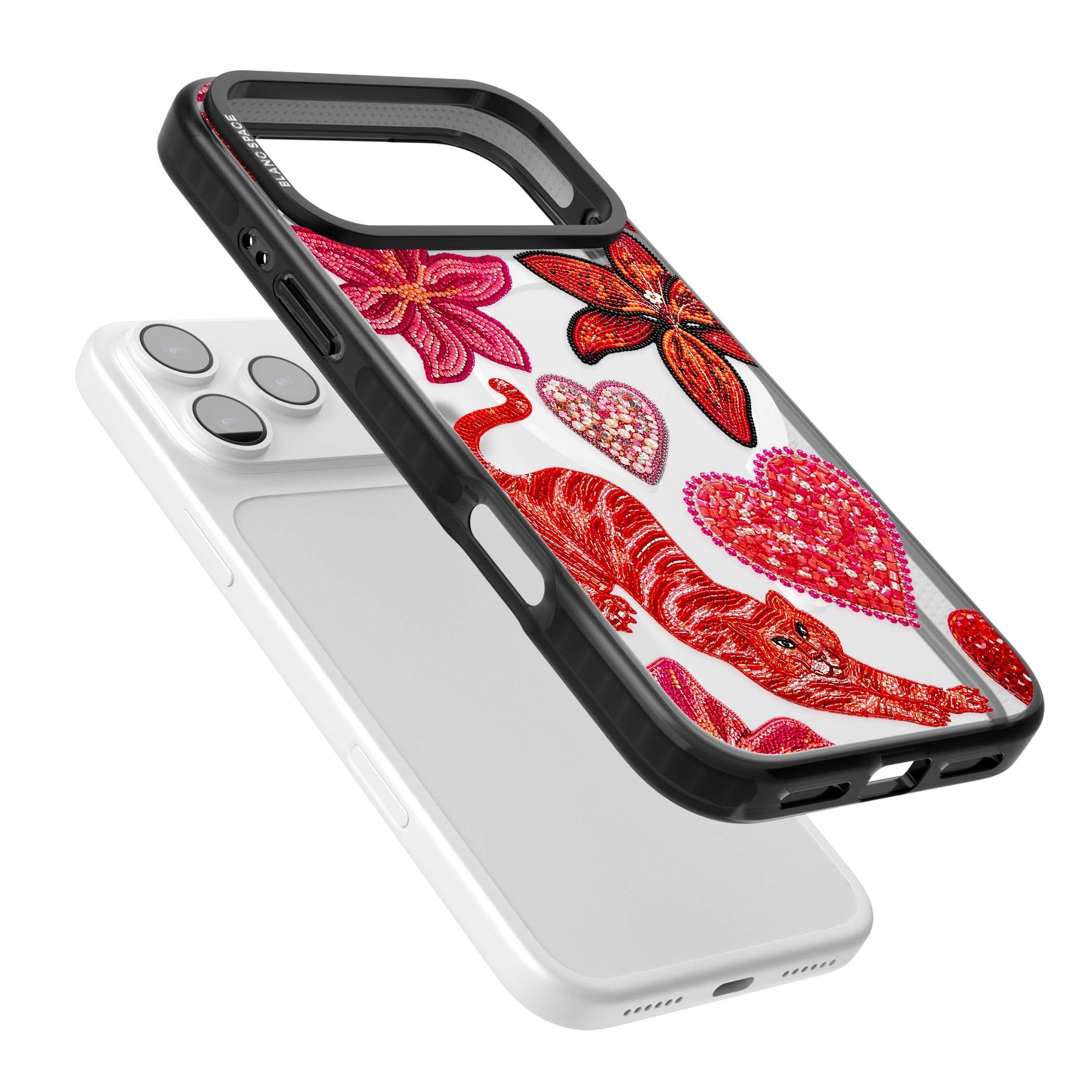 Beaded Boho floral iPhone case featuring beaded red lilies, a stitched tiger, and pearl-encrusted hearts on clear | Black Impact Magsafe case for iPhone 17 Pro, iPhone 17 Pro Max