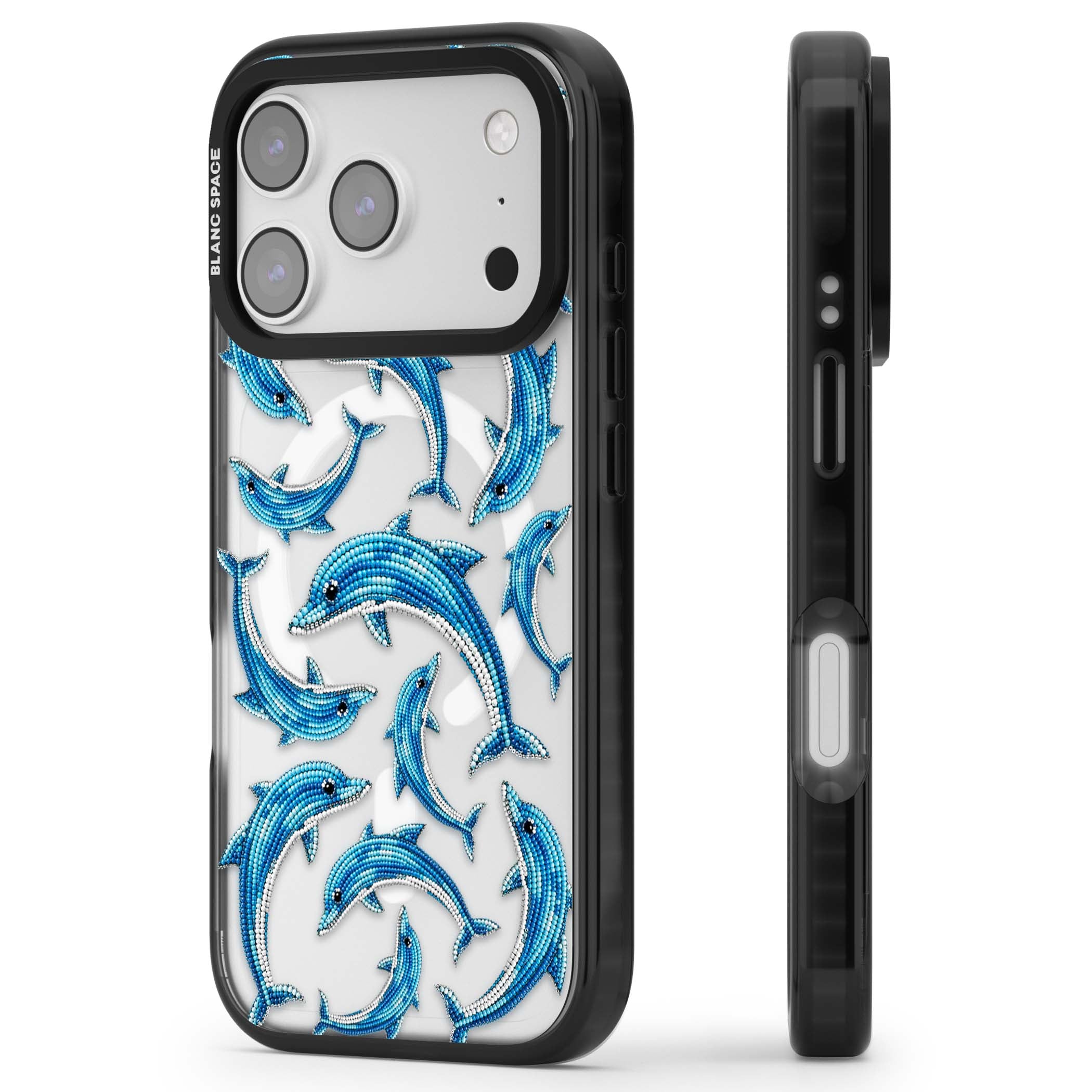Beaded Dolphins coastal iPhone case featuring beaded dolphins in blue and white swimming across a clear background | Black Impact Magsafe case for iPhone 17 Pro, iPhone 17 Pro Max