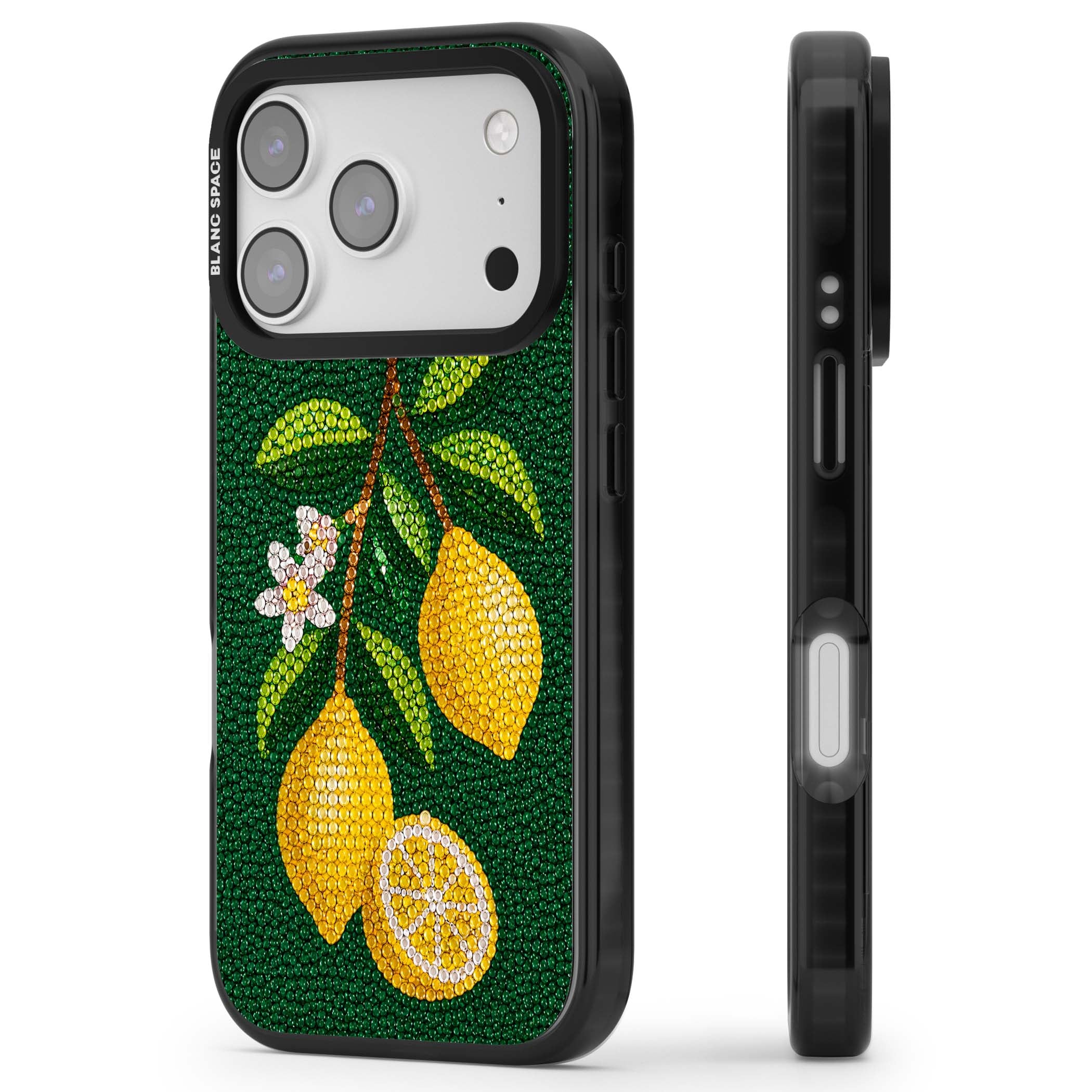 Beaded Lemons coastal iPhone case featuring crystal-beaded lemons, citrus blossom and green leaves on emerald ground | Black Impact Magsafe case for iPhone 17 Pro, iPhone 17 Pro Max