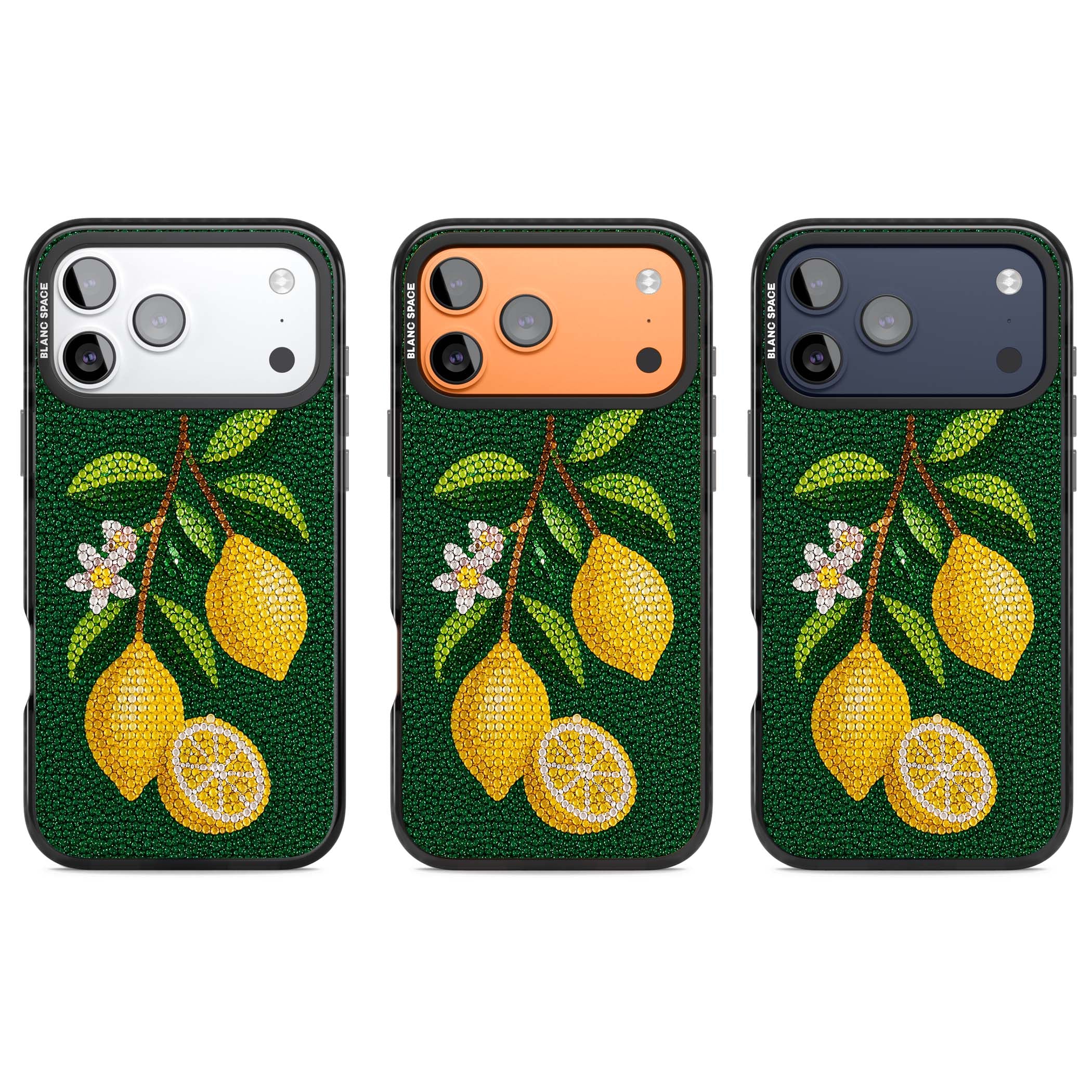 Beaded Lemons coastal iPhone case featuring crystal-beaded lemons, citrus blossom and green leaves on emerald ground | Black Impact Magsafe case for iPhone 17 Pro, iPhone 17 Pro Max