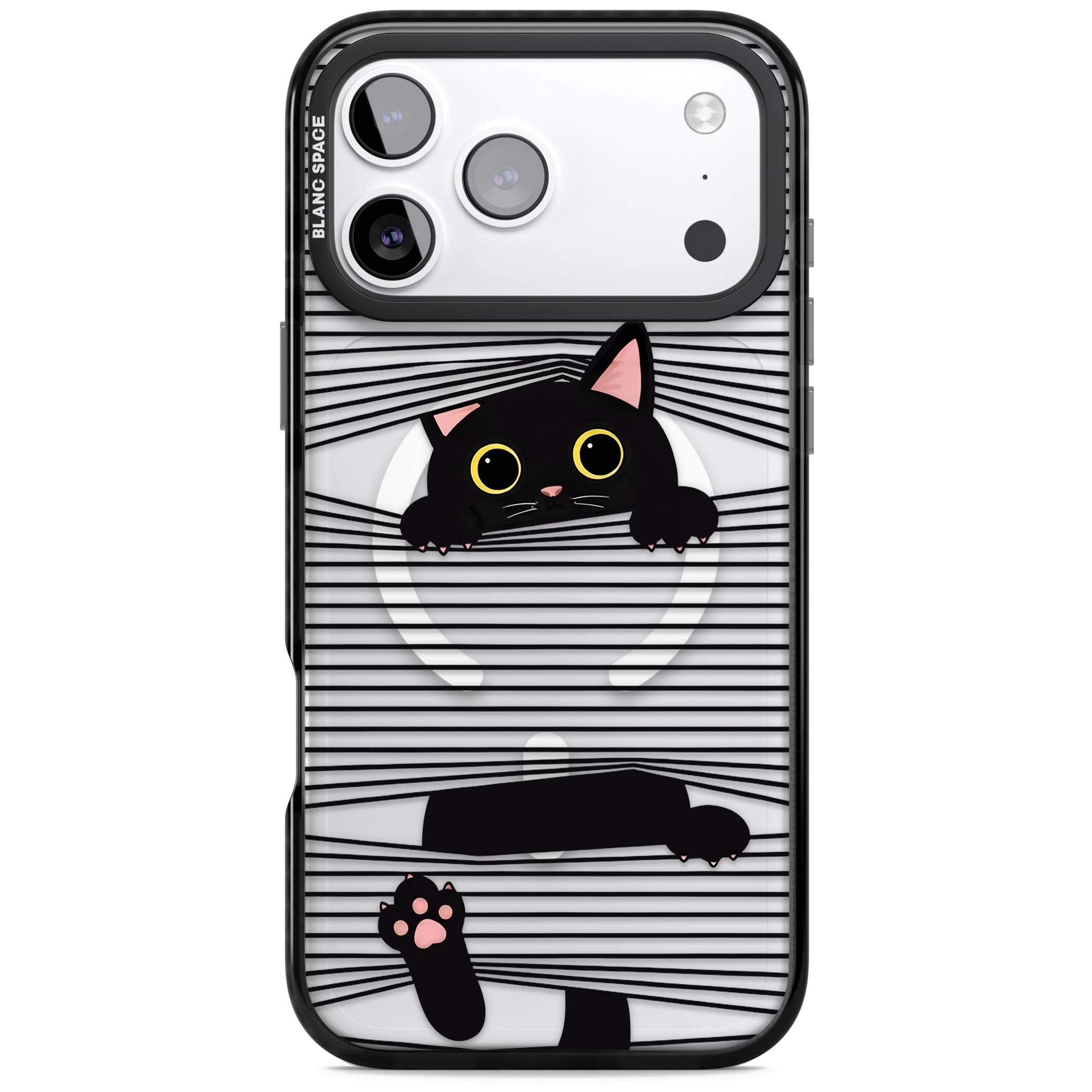 Peek-a-Boo Cat minimal iPhone case featuring black cat peeking through horizontal black and white stripes | Black Impact Magsafe case for iPhone 17 Pro, iPhone 17 Pro Max