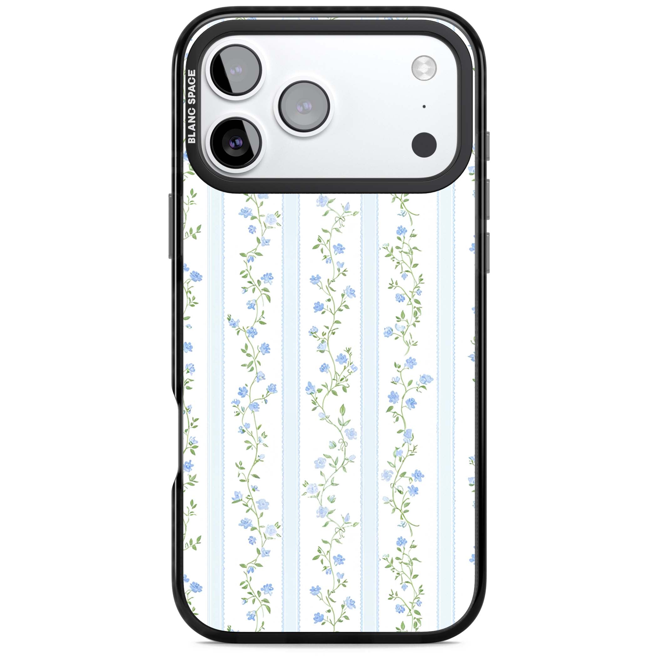 Bluebell Vine cottagecore iPhone case featuring climbing blue roses, trailing green vines, and pale ticking stripes | Black Impact Magsafe case for iPhone 17 Pro, iPhone 17 Pro Max
