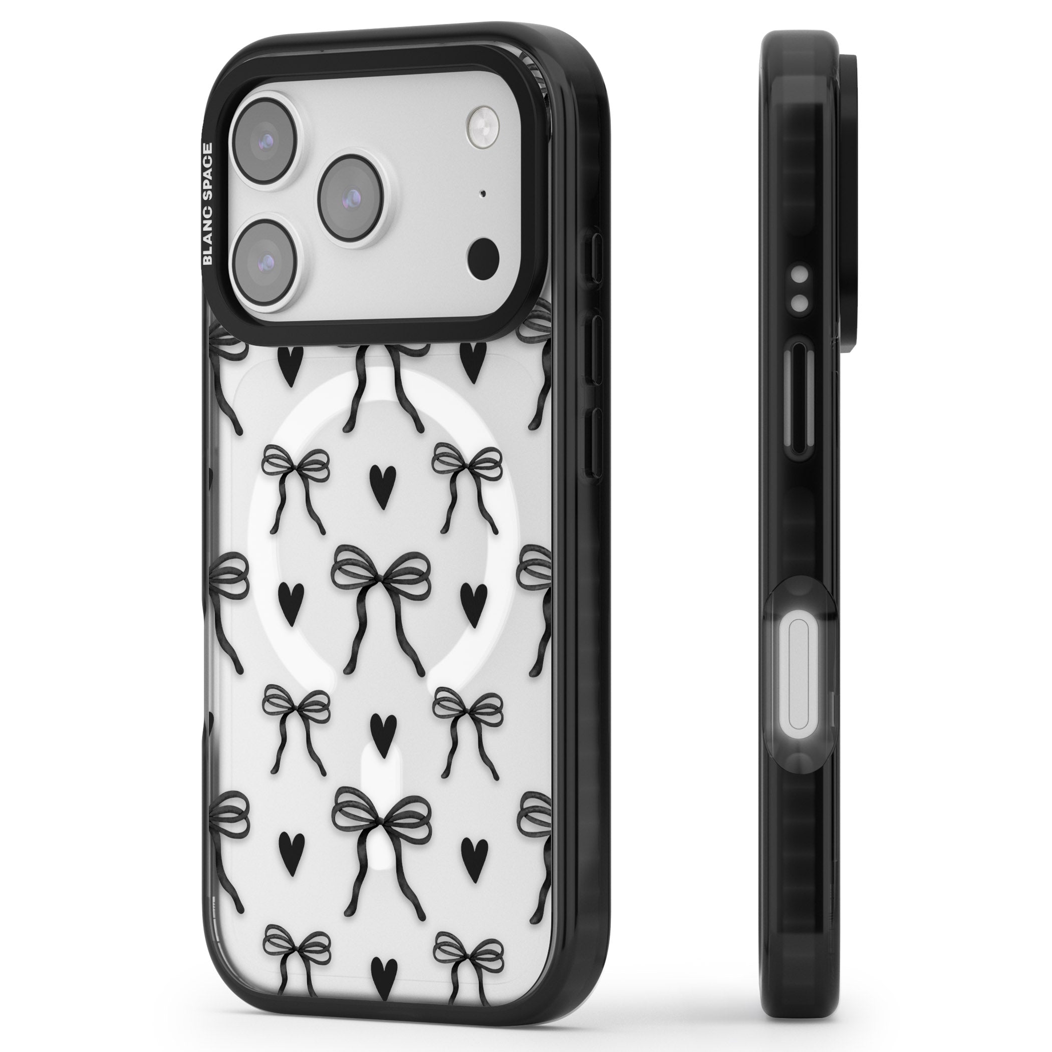 Black Bows & Hearts iPhone 17 Pro Impact Pro Black Phone Case Side Profile