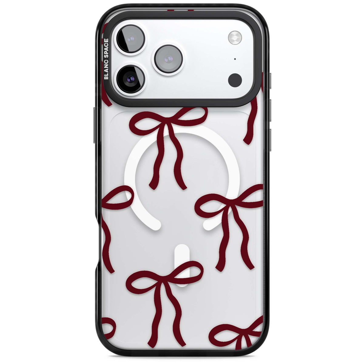 Burgundy Bows coquette iPhone case featuring hand-drawn burgundy red bows on a clear background | Black Impact Magsafe case for iPhone 17 Pro, iPhone 17 Pro Max