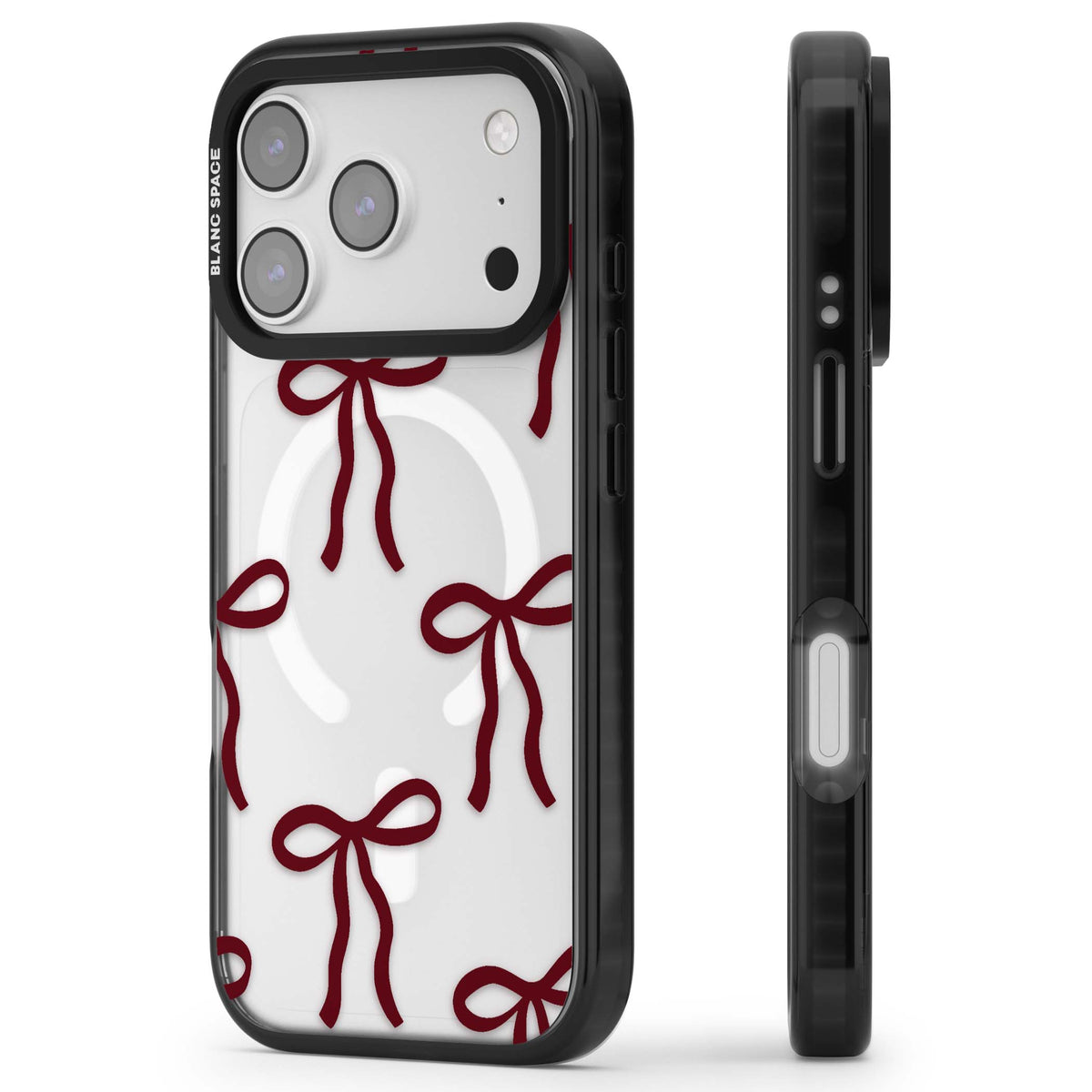 Burgundy Bows coquette iPhone case featuring hand-drawn burgundy red bows on a clear background | Black Impact Magsafe case for iPhone 17 Pro, iPhone 17 Pro Max
