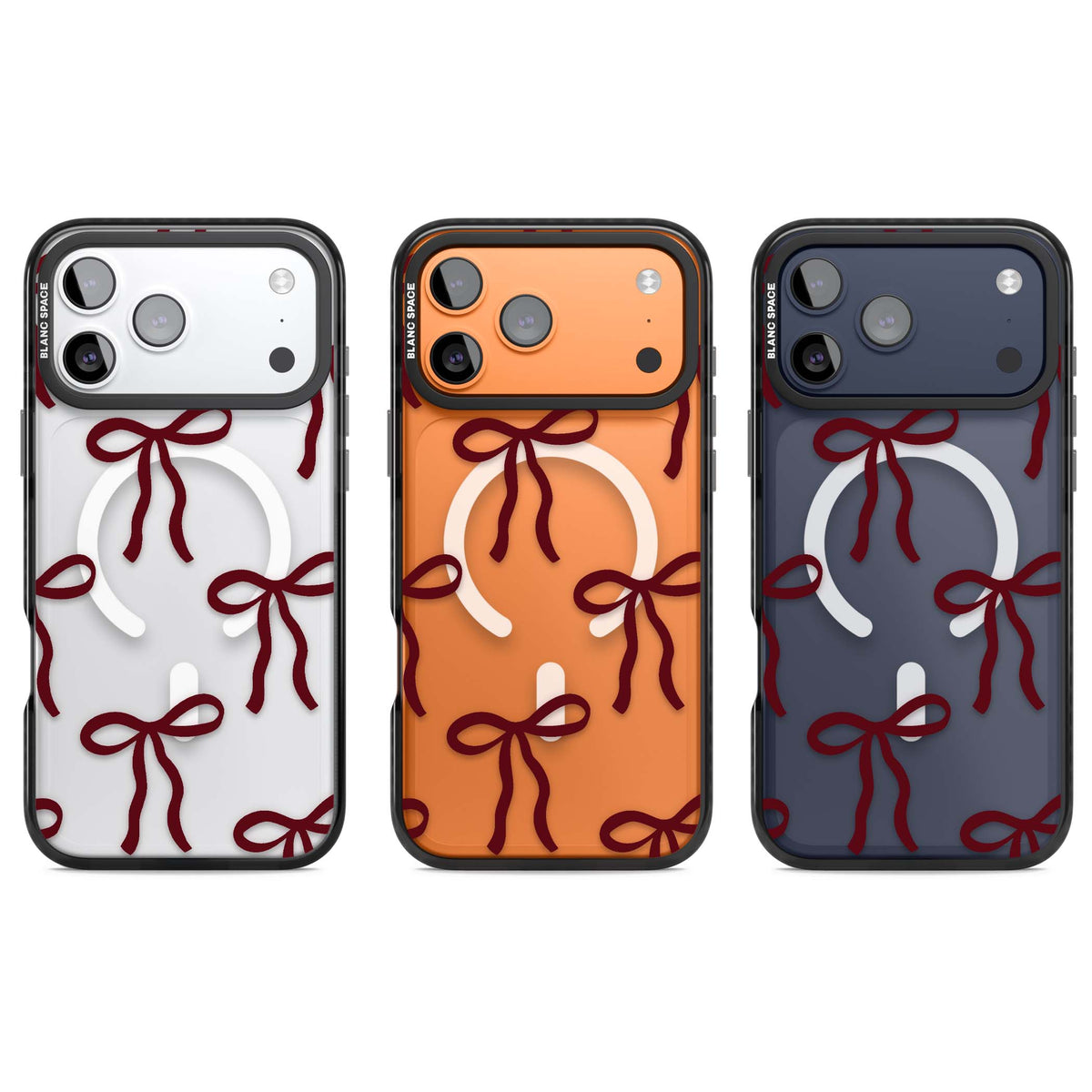 Burgundy Bows coquette iPhone case featuring hand-drawn burgundy red bows on a clear background | Black Impact Magsafe case for iPhone 17 Pro, iPhone 17 Pro Max