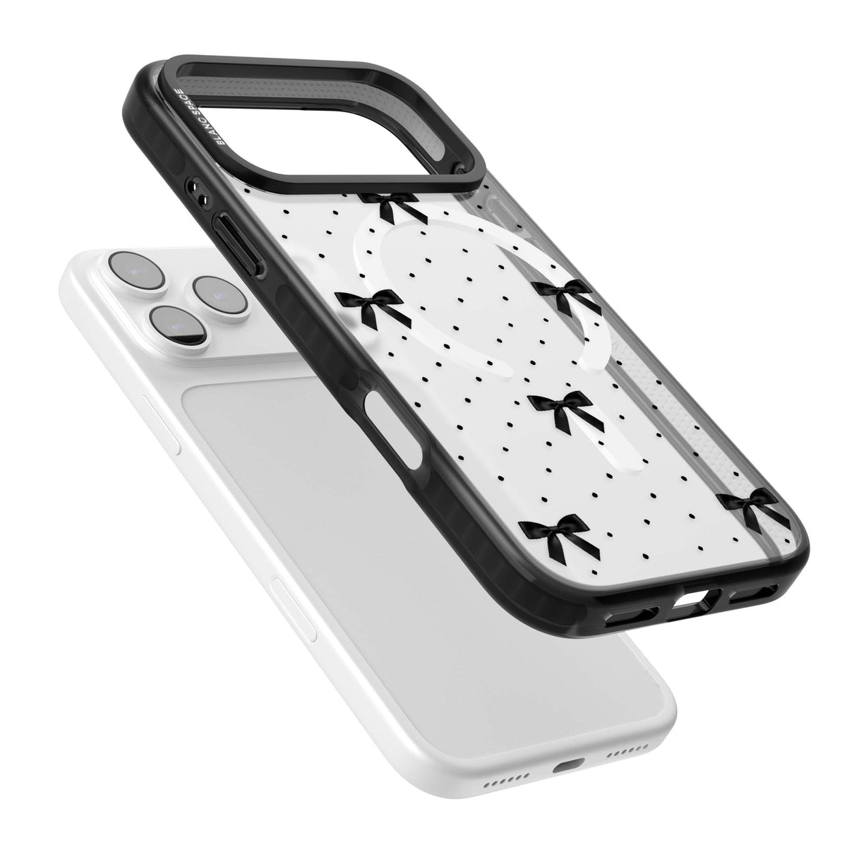 Black Polka Bows coquette iPhone case featuring scattered black satin bows and tiny polka dots on a clear base | Black Impact Magsafe case for iPhone 17 Pro, iPhone 17 Pro Max