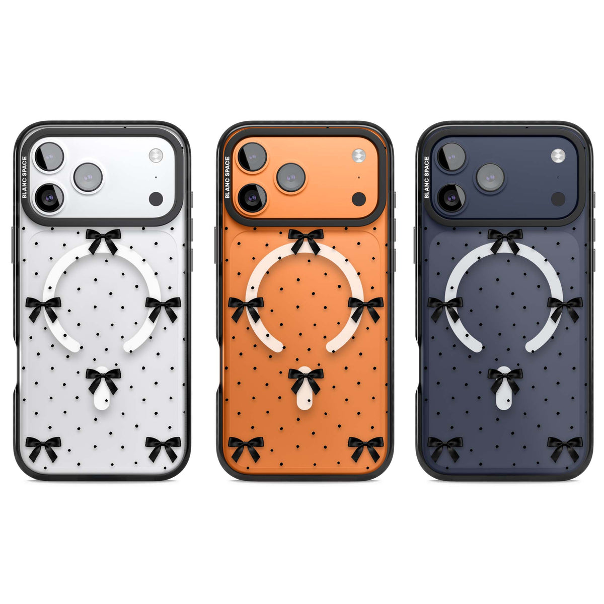 Black Polka Bows coquette iPhone case featuring scattered black satin bows and tiny polka dots on a clear base | Black Impact Magsafe case for iPhone 17 Pro, iPhone 17 Pro Max