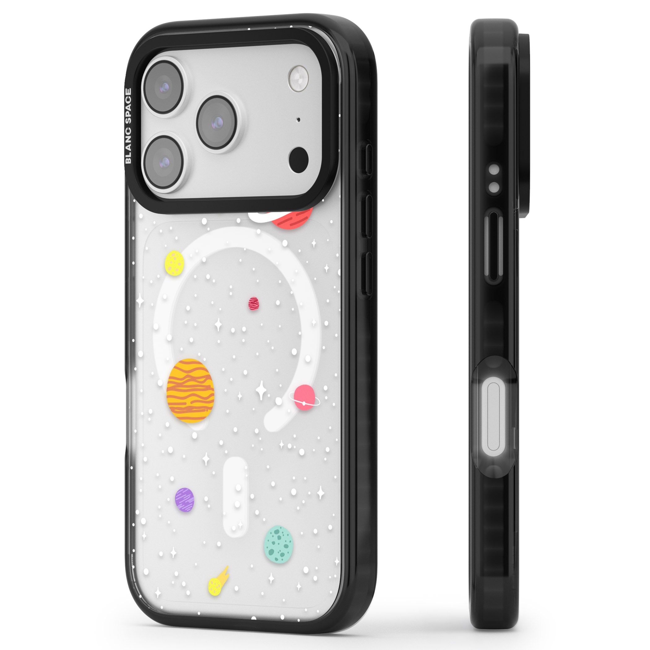 Cute Cartoon Planets (Clear) iPhone 17 Pro Impact Pro Black Phone Case Side Profile