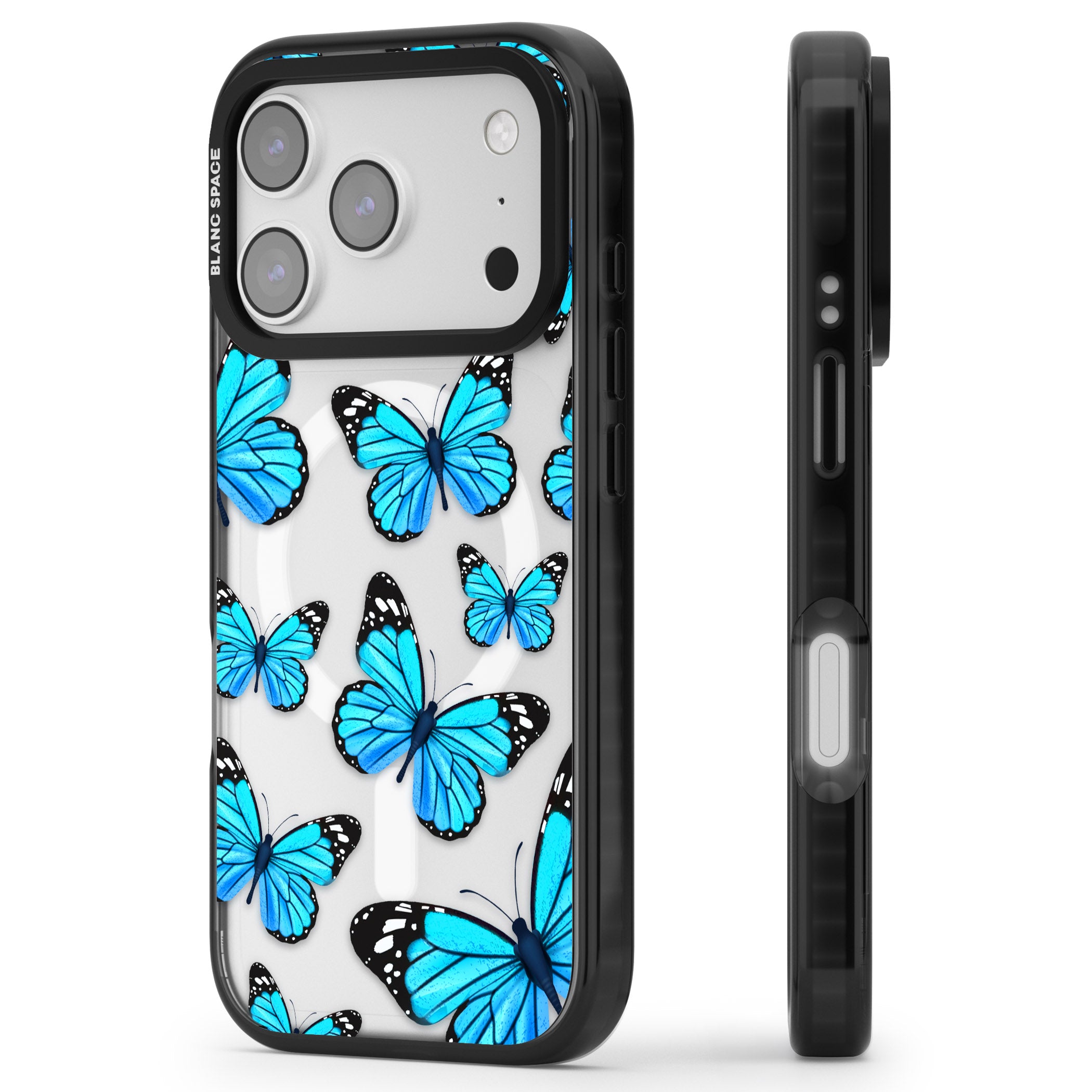 Blue Butterflies iPhone 17 Pro Impact Pro Black Phone Case Side Profile