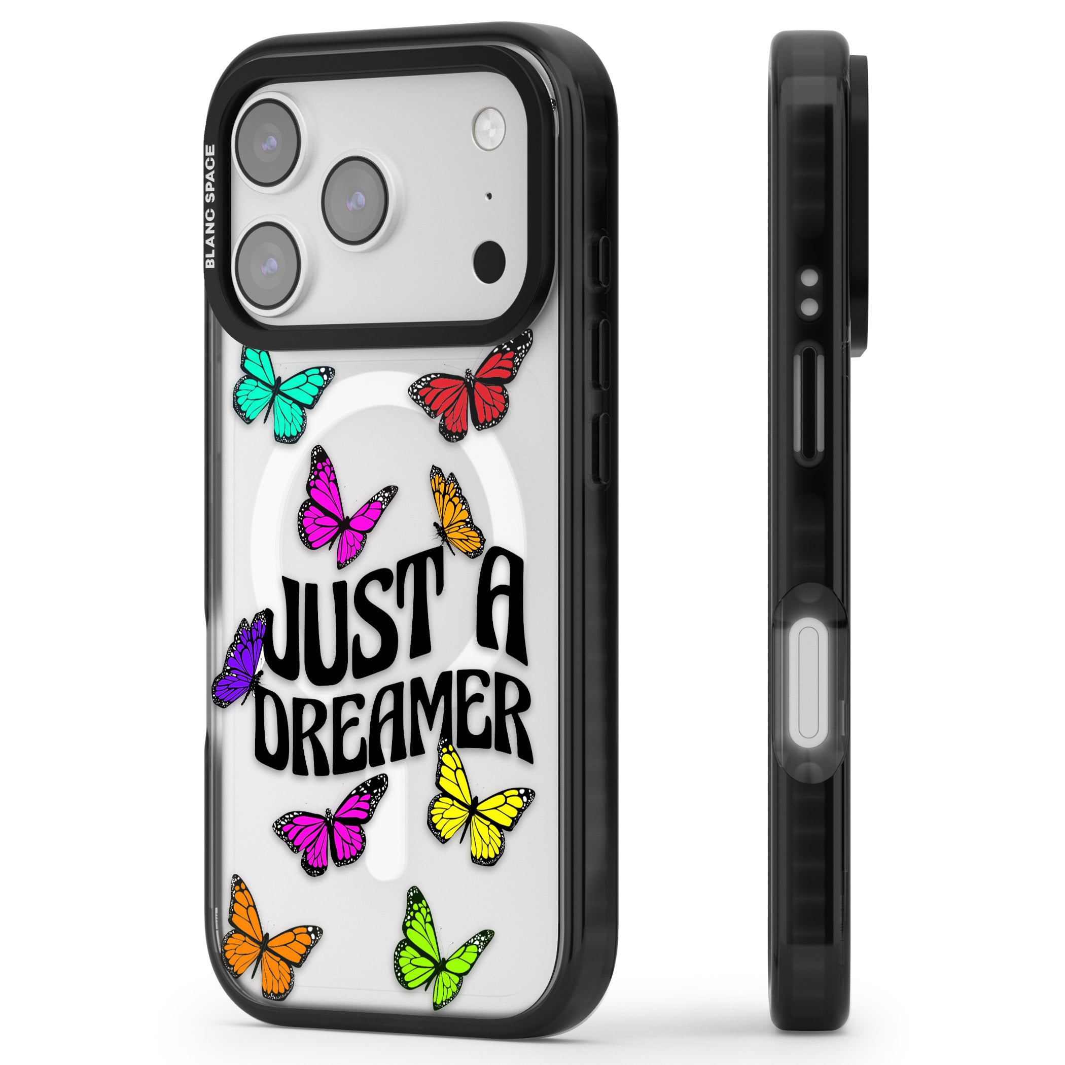 Just A Dreamer Butterfly iPhone 17 Pro Impact Pro Black Phone Case Side Profile