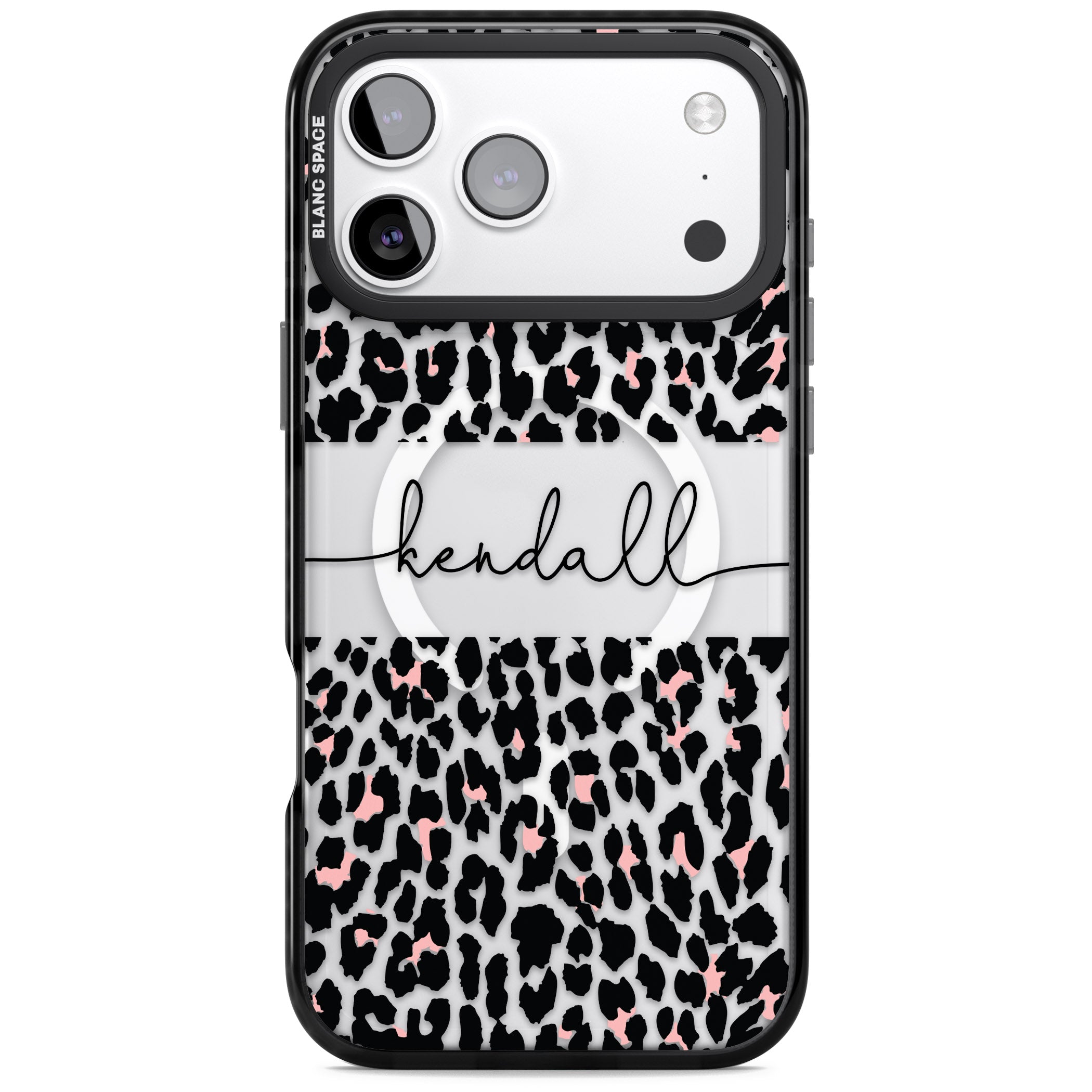 Personalised Cursive Leopard Spots iPhone 17 Pro Impact Pro Black Phone Case