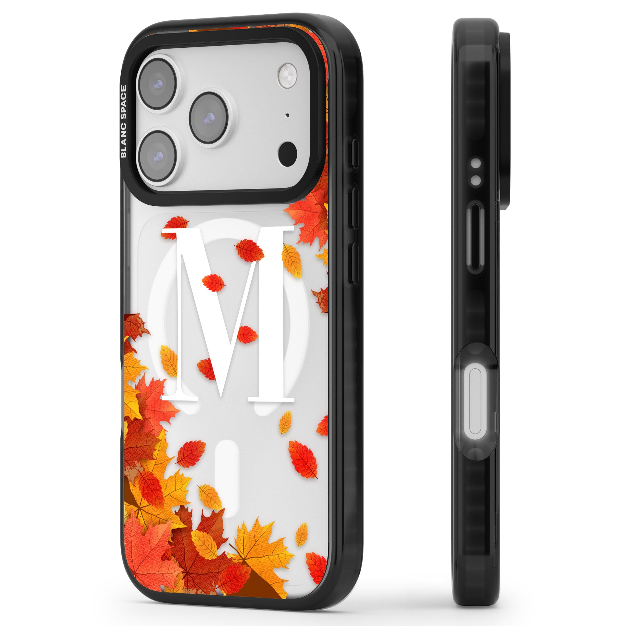 Personalised Autumn Leaves Monogram iPhone 17 Pro Impact Pro Black Phone Case Side Profile