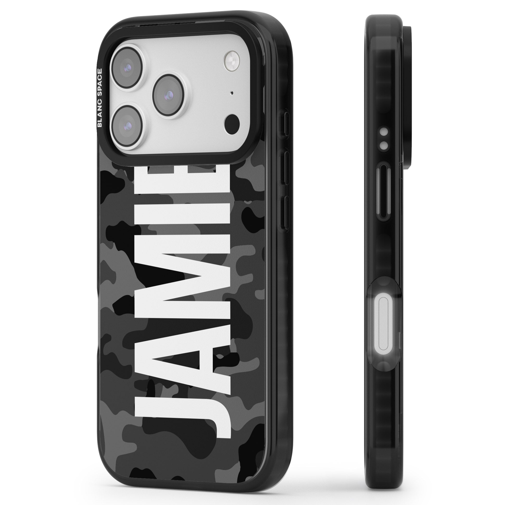 Personalised Black Camo Name Vertical iPhone 17 Pro Impact Pro Black Phone Case Side Profile