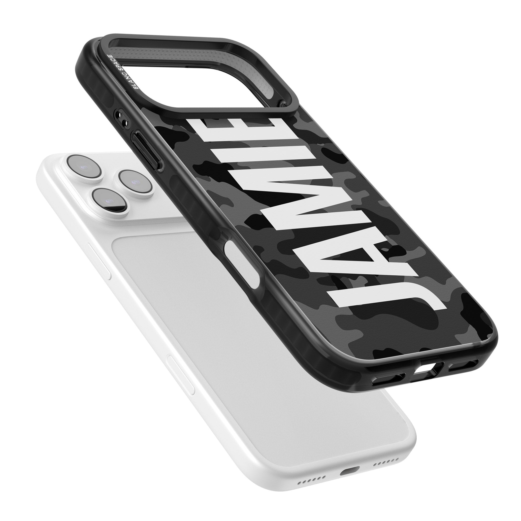 Personalised Black Camo Name Vertical iPhone 17 Pro Impact Pro Black Phone Case Colours