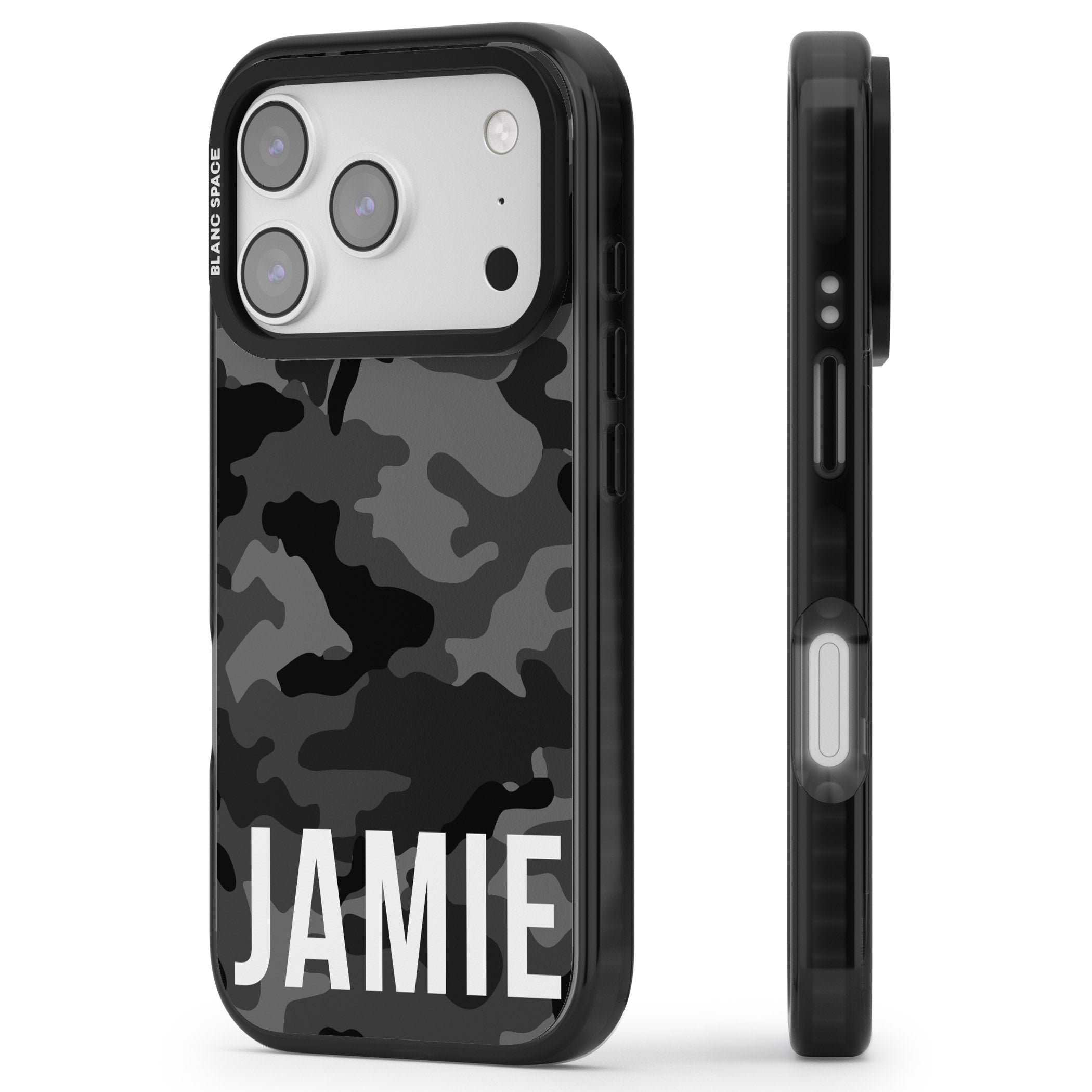 Personalised Black Camo Name Horizontal iPhone 17 Pro Impact Pro Black Phone Case Side Profile