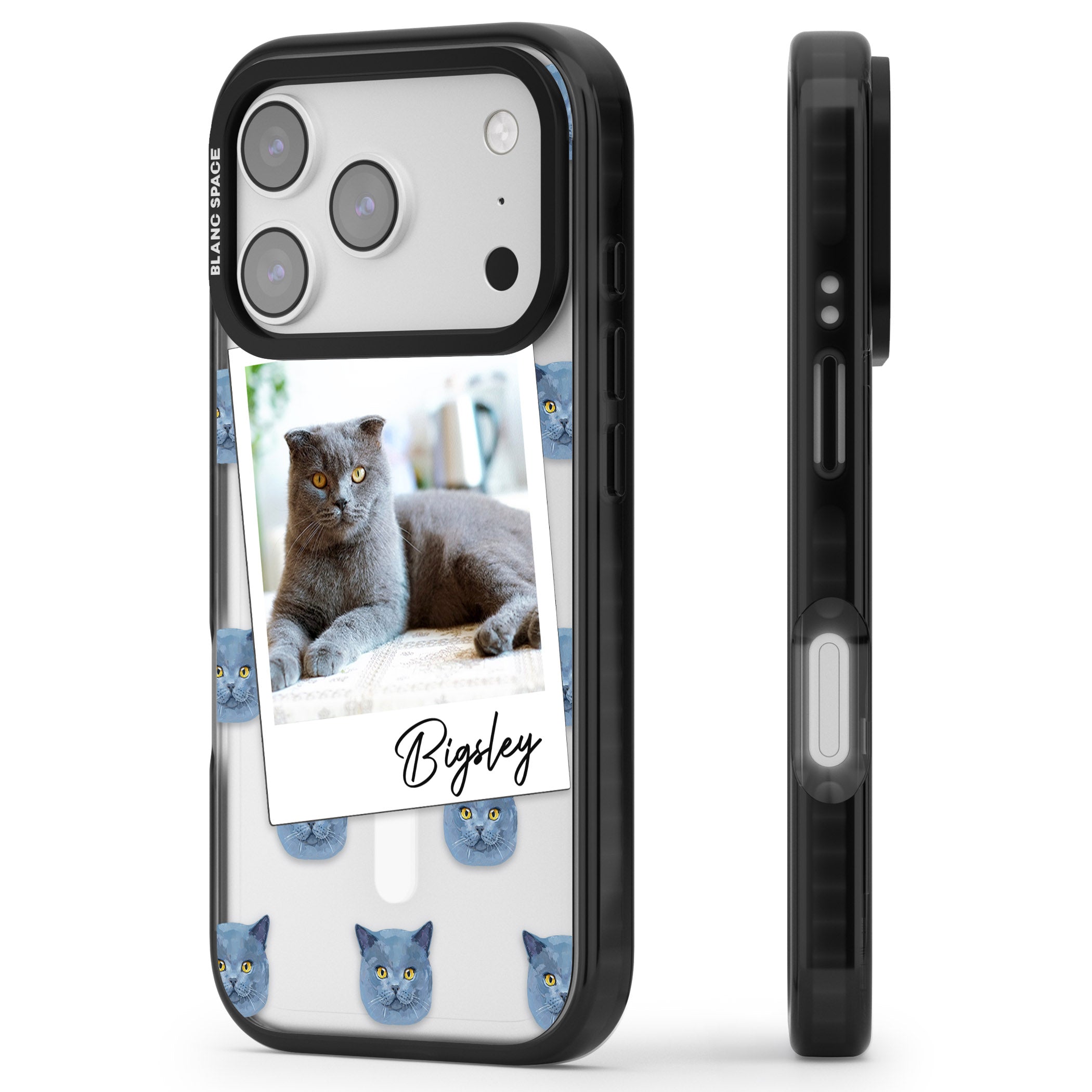 Personalised English Blue Cat Photo iPhone 17 Pro Impact Pro Black Phone Case Side Profile