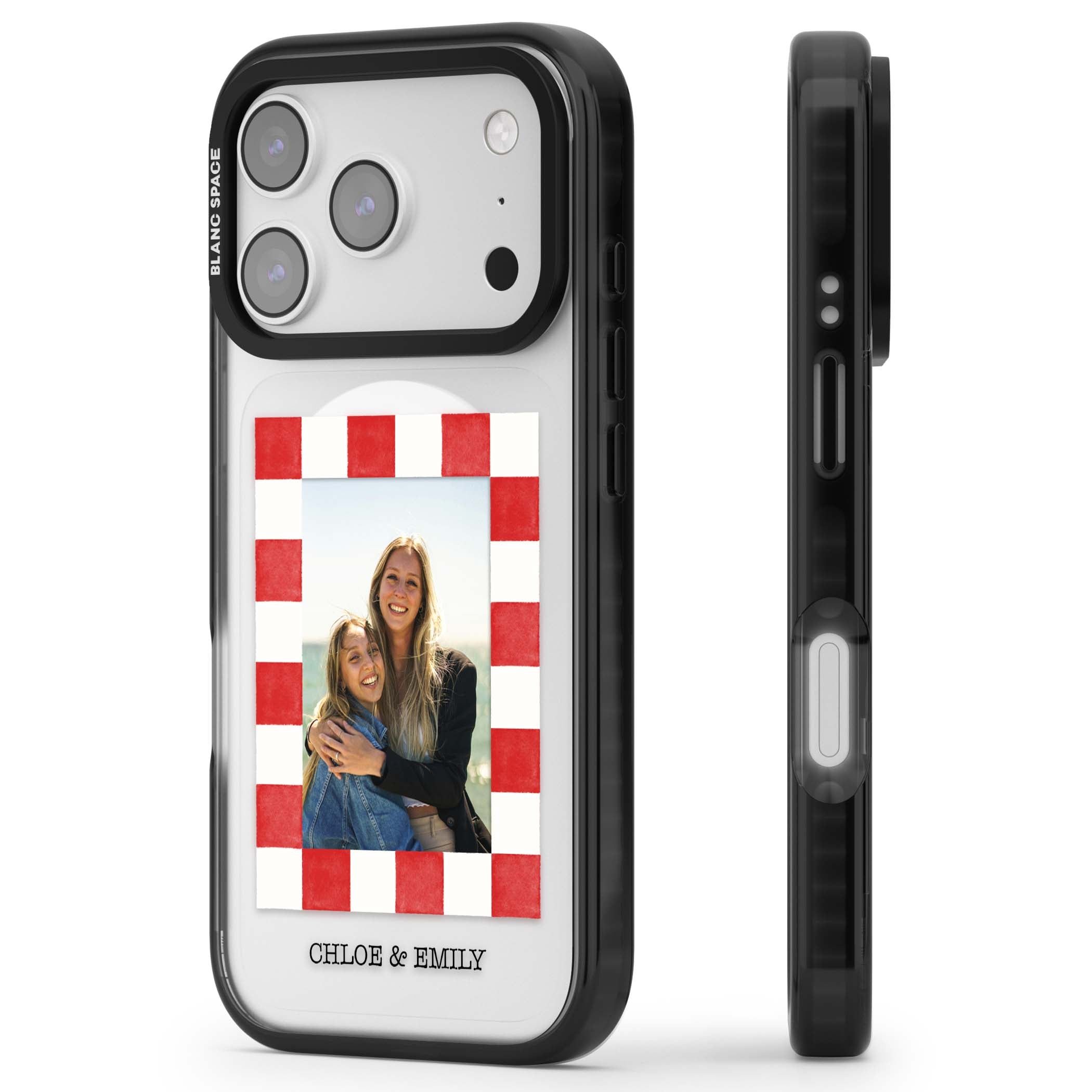 Red Check Photo personalised photo iPhone case with red and white checkered polaroid frame and custom couple name | Black Impact Magsafe case for iPhone 17 Pro, iPhone 17 Pro Max