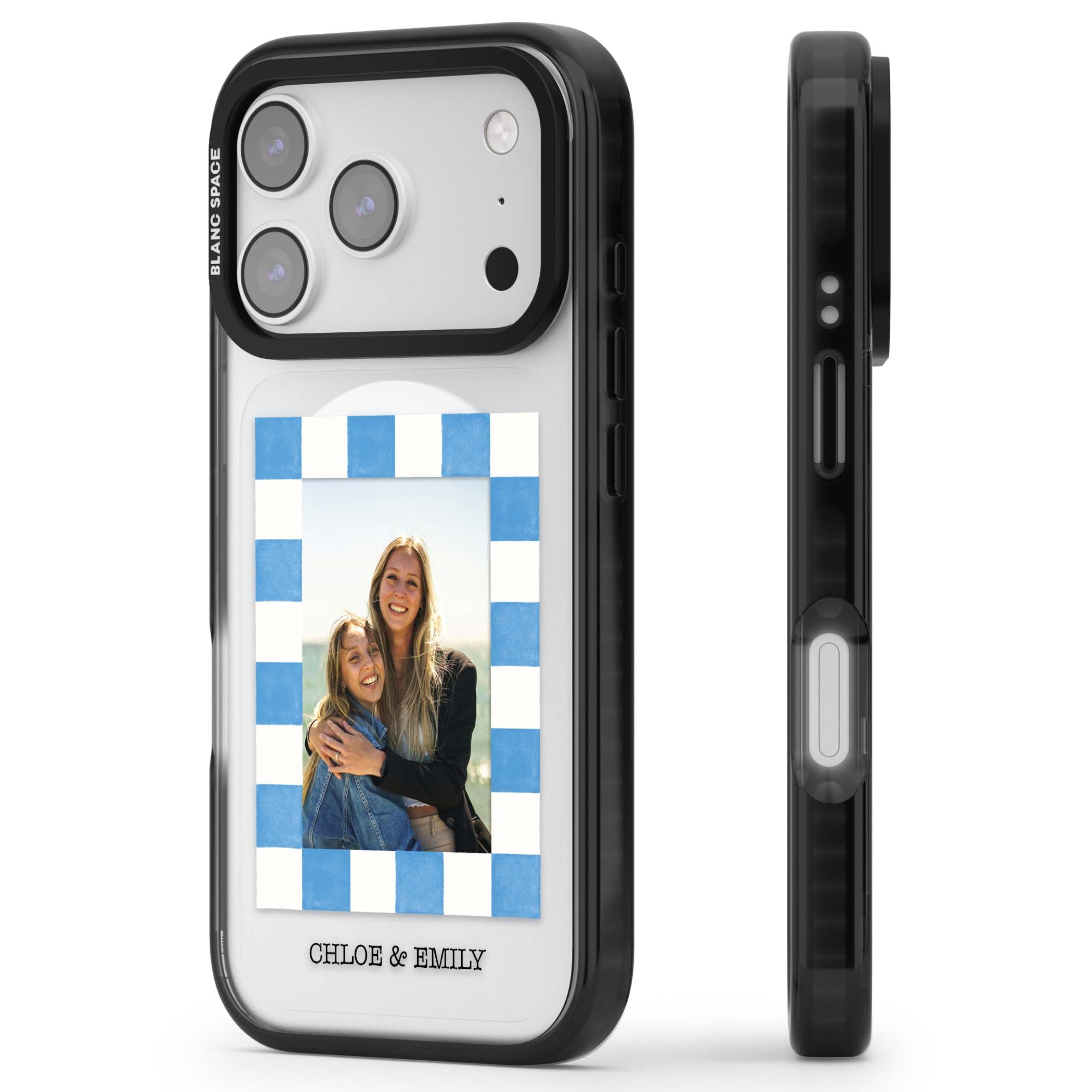Blue Check Photo personalised photo iPhone case with blue checkered frame and custom couple names | Black Impact Magsafe case for iPhone 17 Pro, iPhone 17 Pro Max