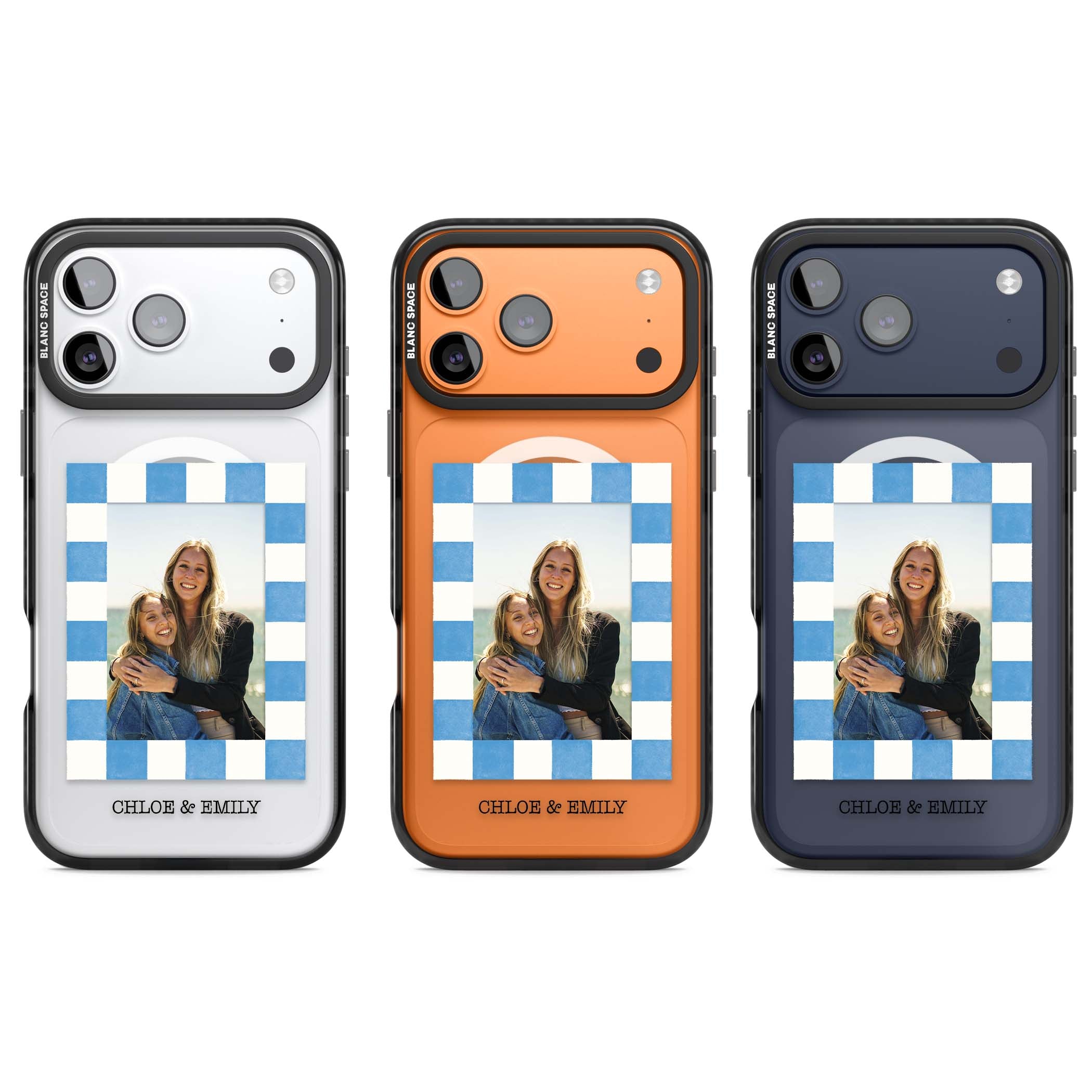 Blue Check Photo personalised photo iPhone case with blue checkered frame and custom couple names | Black Impact Magsafe case for iPhone 17 Pro, iPhone 17 Pro Max