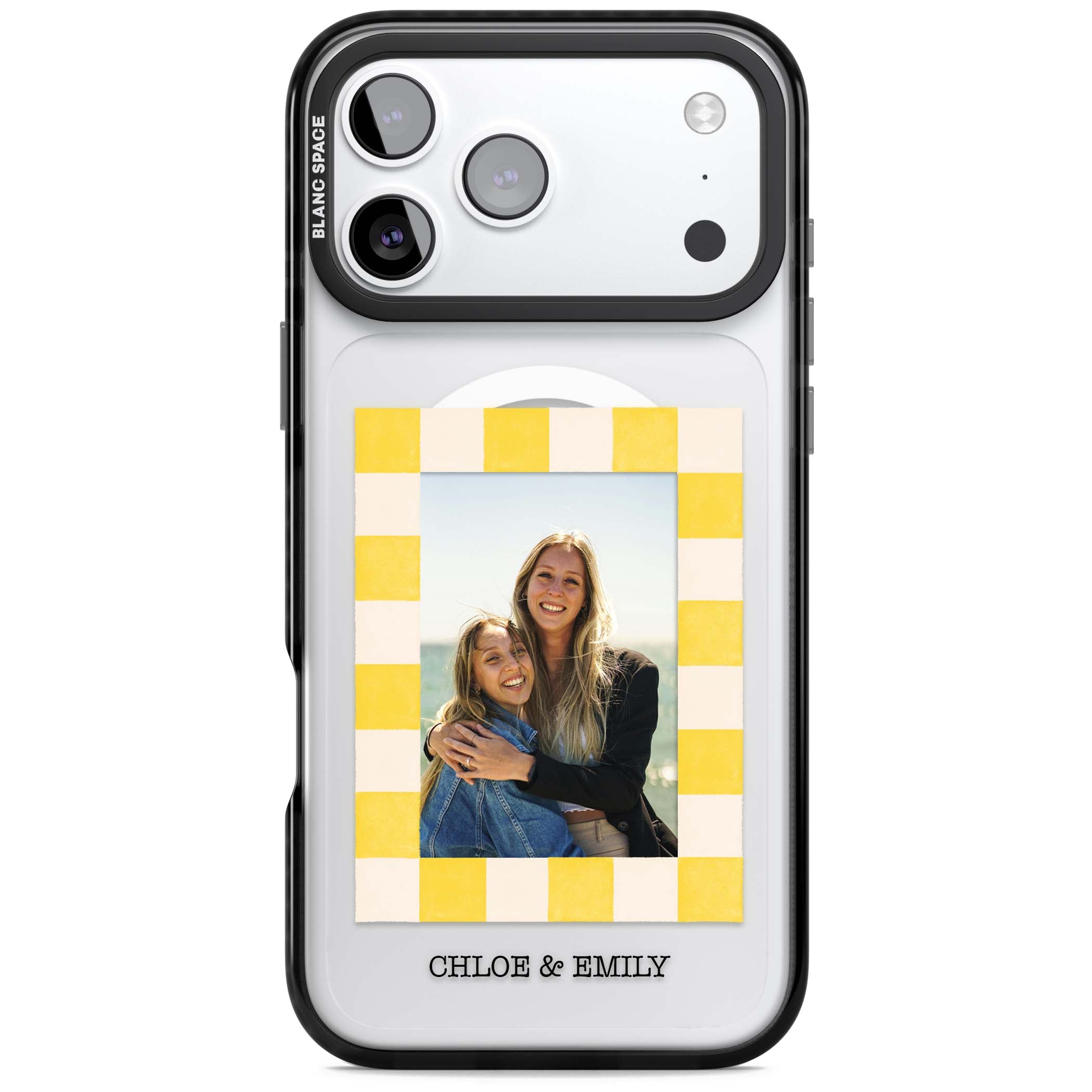 Yellow Check Photo personalised iPhone case with yellow checkered Polaroid frame and custom names beneath | Black Impact Magsafe case for iPhone 17 Pro, iPhone 17 Pro Max
