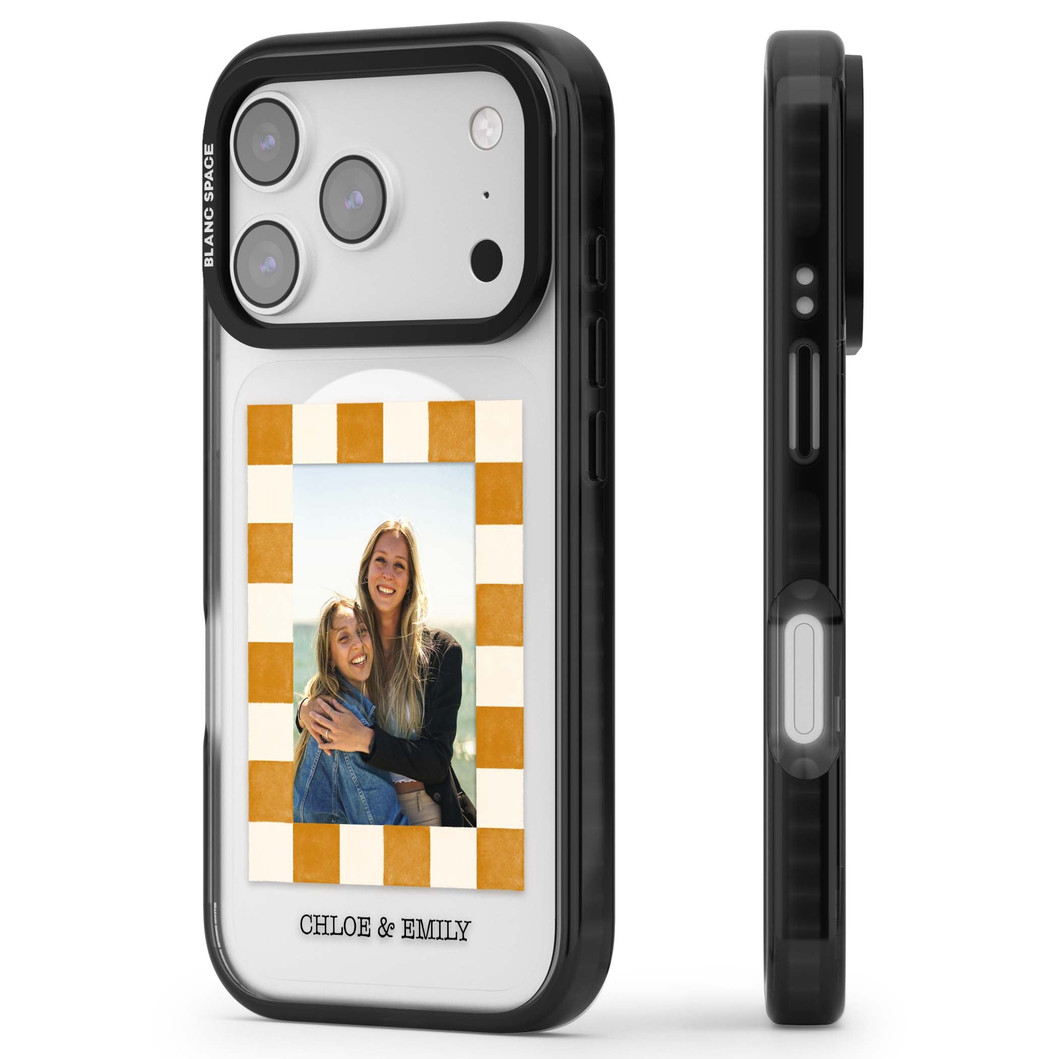 Citrus Check Photo personalised iPhone case with custom photo, orange checkered frame and names underneath | Black Impact Magsafe case for iPhone 17 Pro, iPhone 17 Pro Max