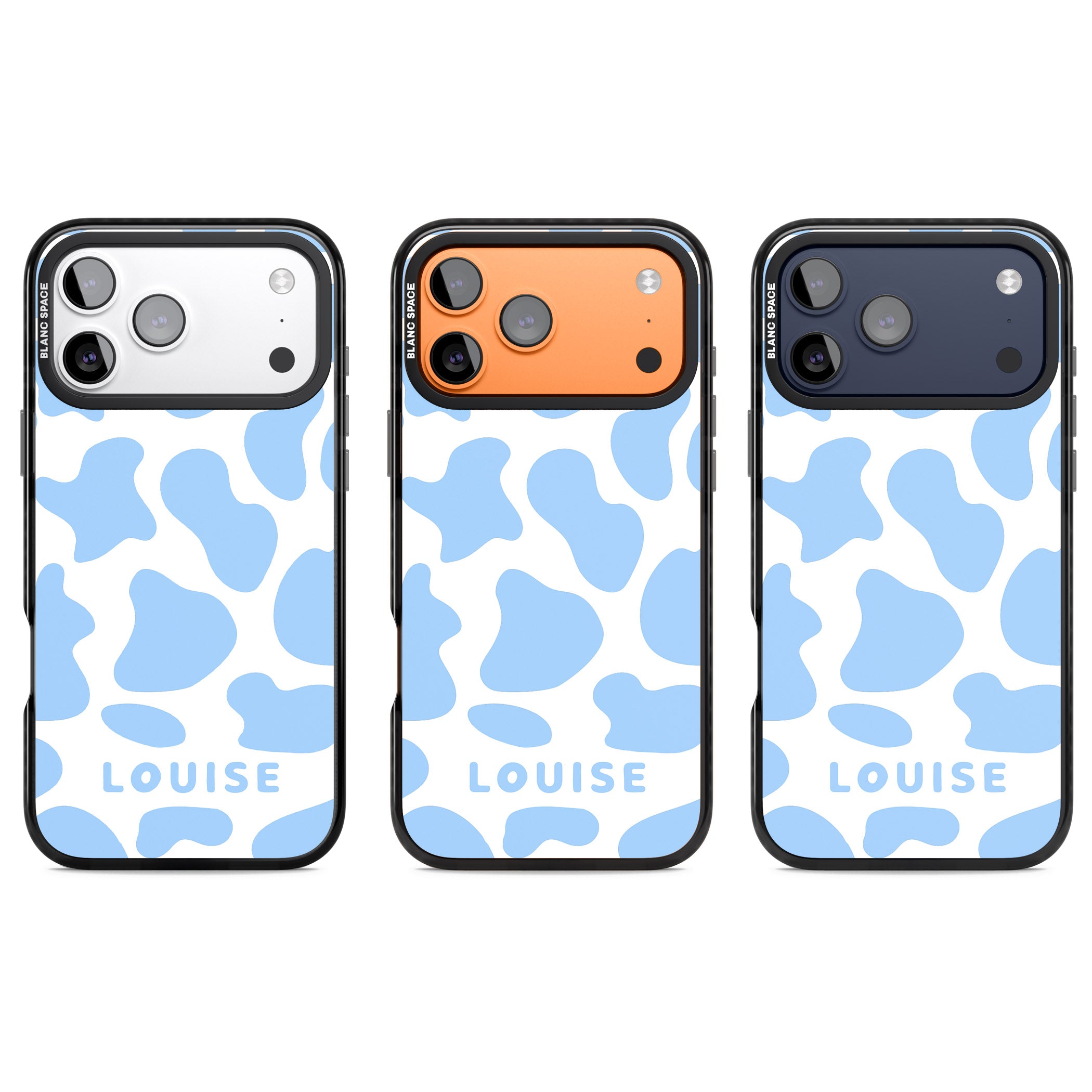 Personalised Blue And White Cow Print iPhone 17 Pro Impact Pro Black Phone Case APT Impact Protection