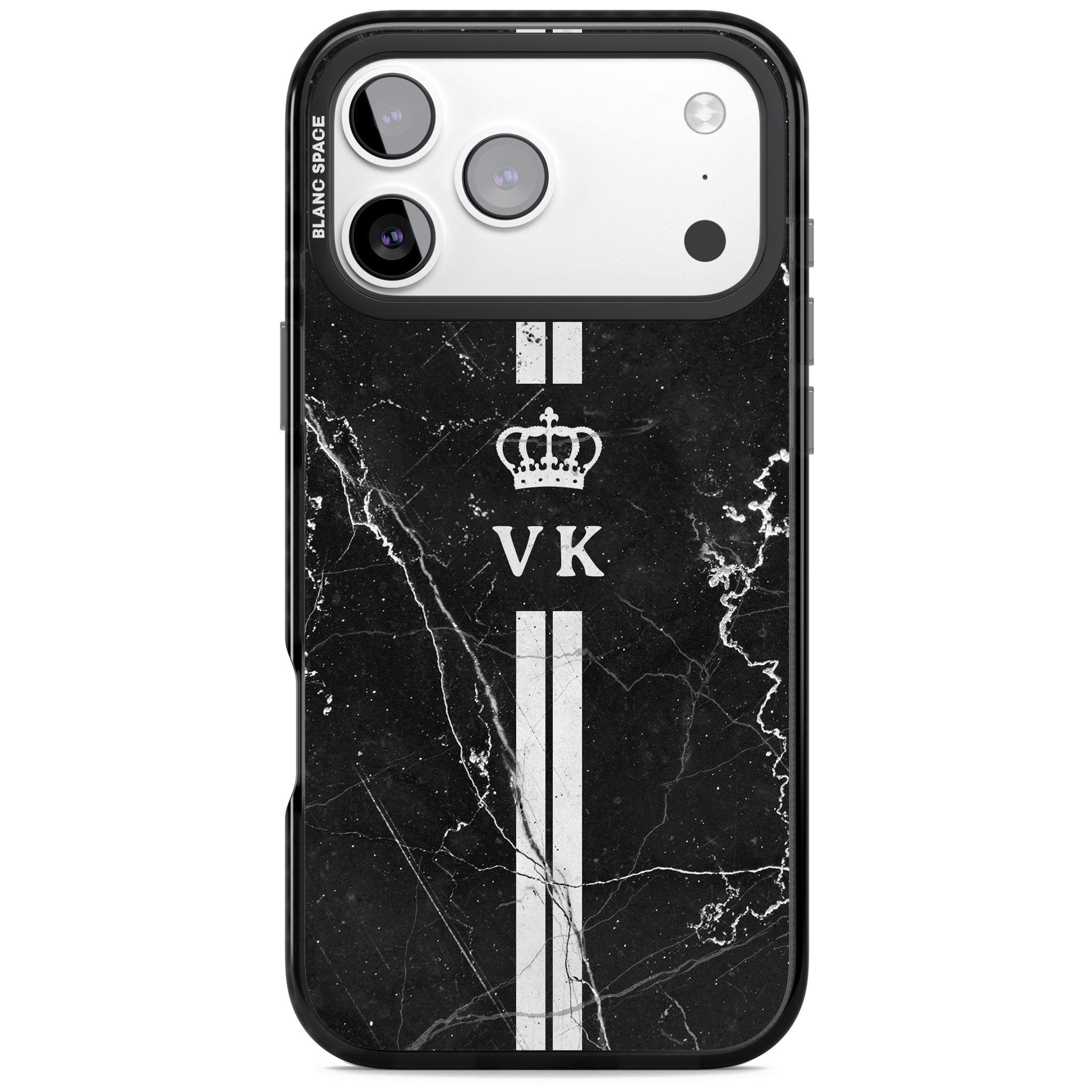 Personalised Black Marble Stripe Initials iPhone 17 Pro Impact Pro Black Phone Case